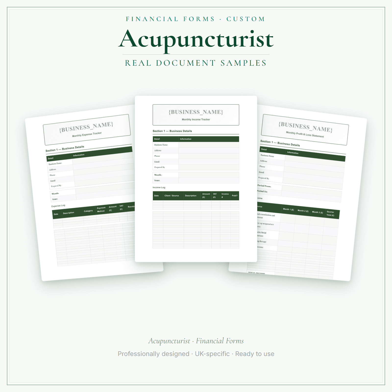 Acupuncturist — Financial Forms Bundle — Customisable sample pages preview
