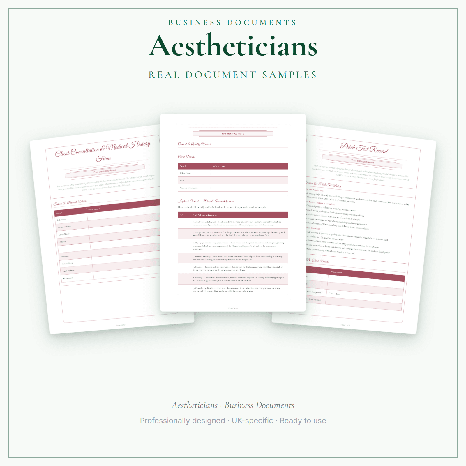 Aestheticians — Business Documents — Premium sample pages preview