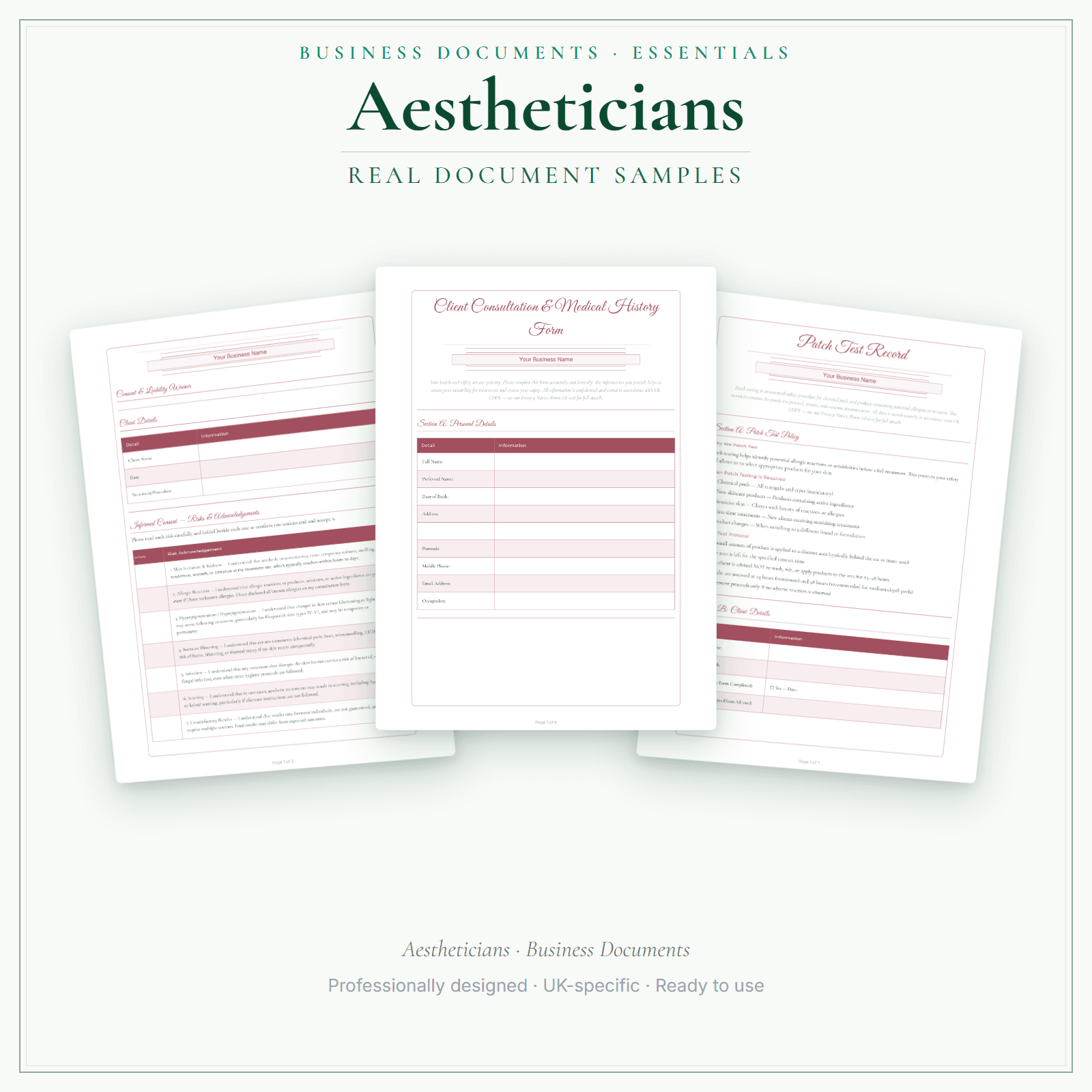 Aestheticians — Business Documents — Essential sample pages preview