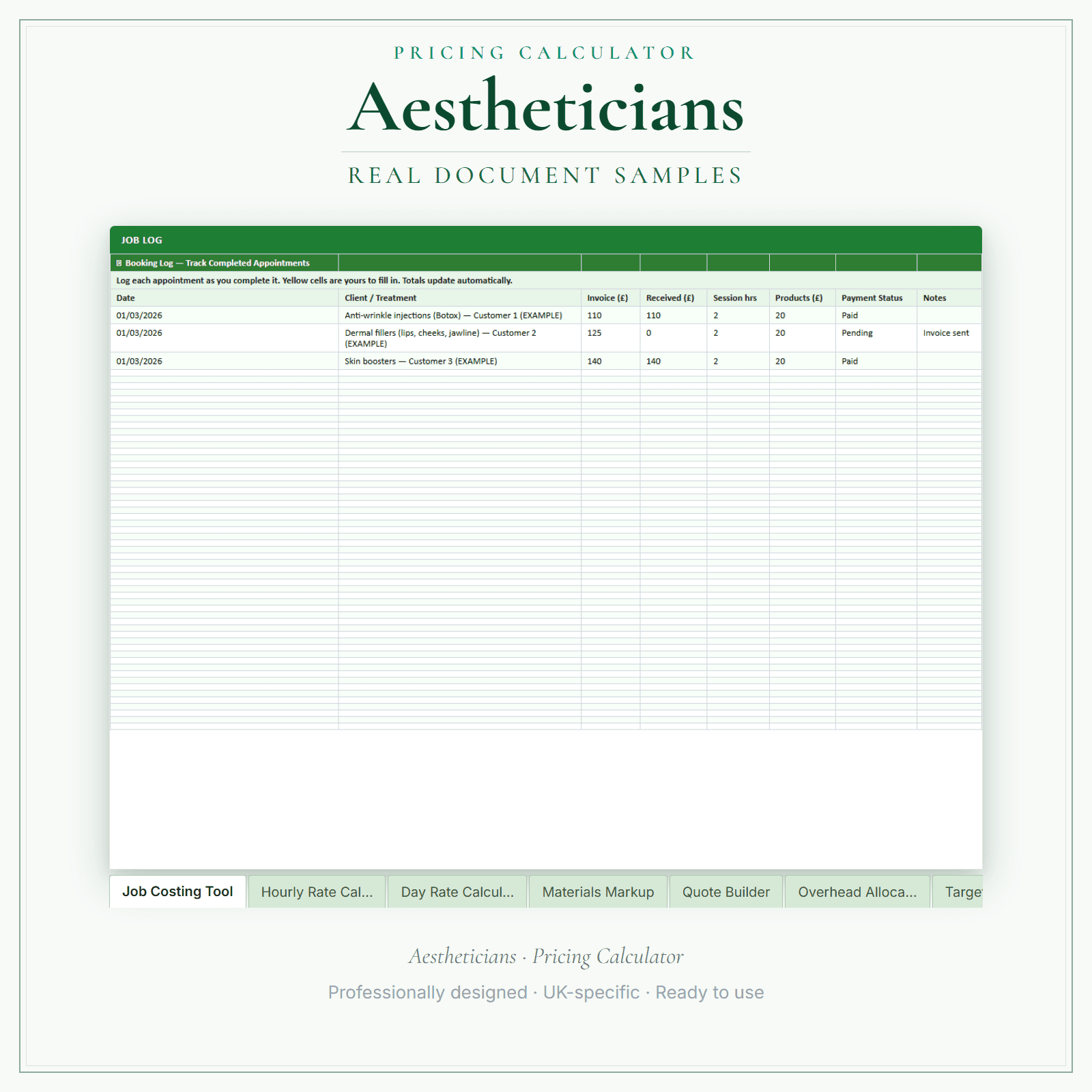Aestheticians — Pricing Calculator — Premium sample pages preview