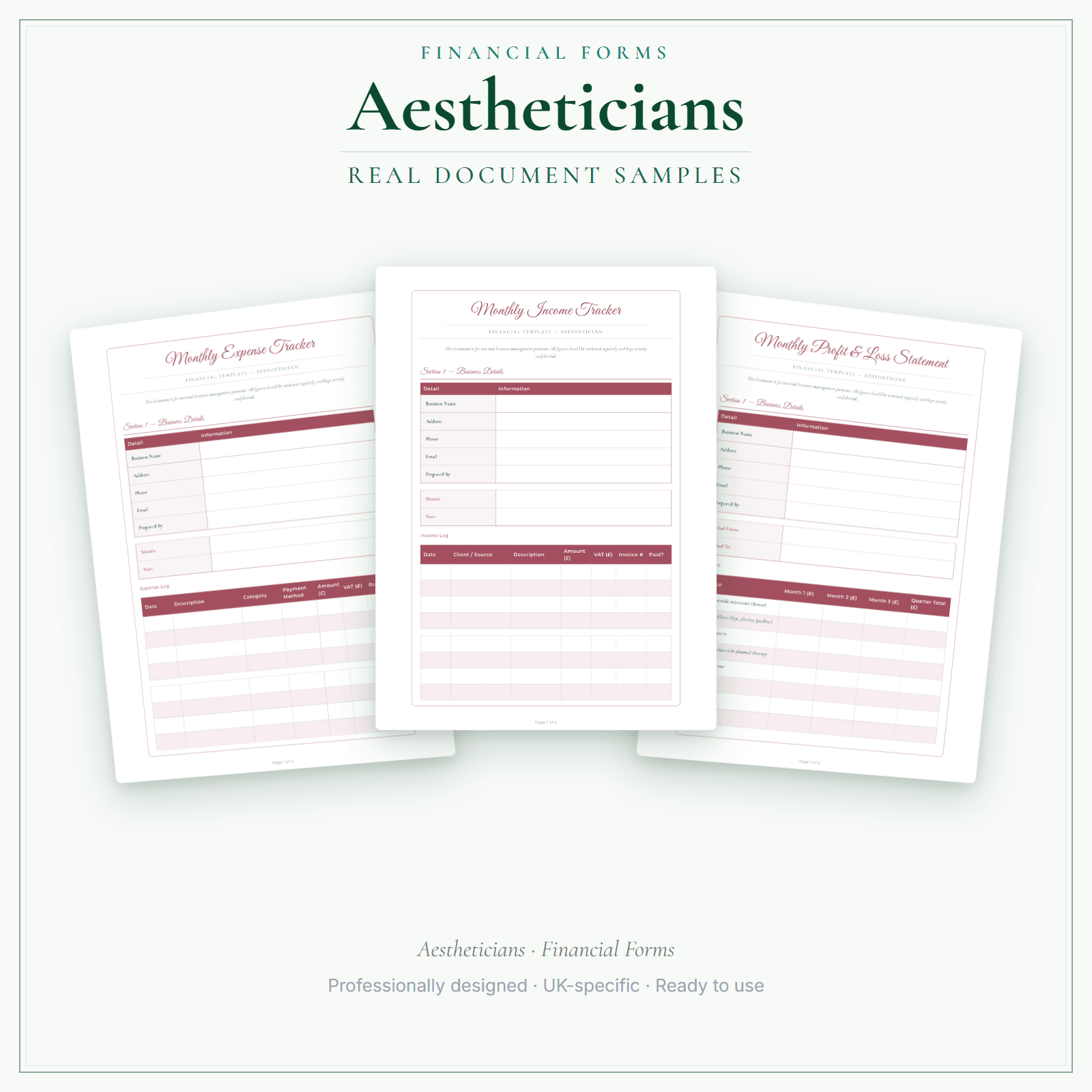 Aestheticians — Financial Forms Bundle — Premium sample pages preview