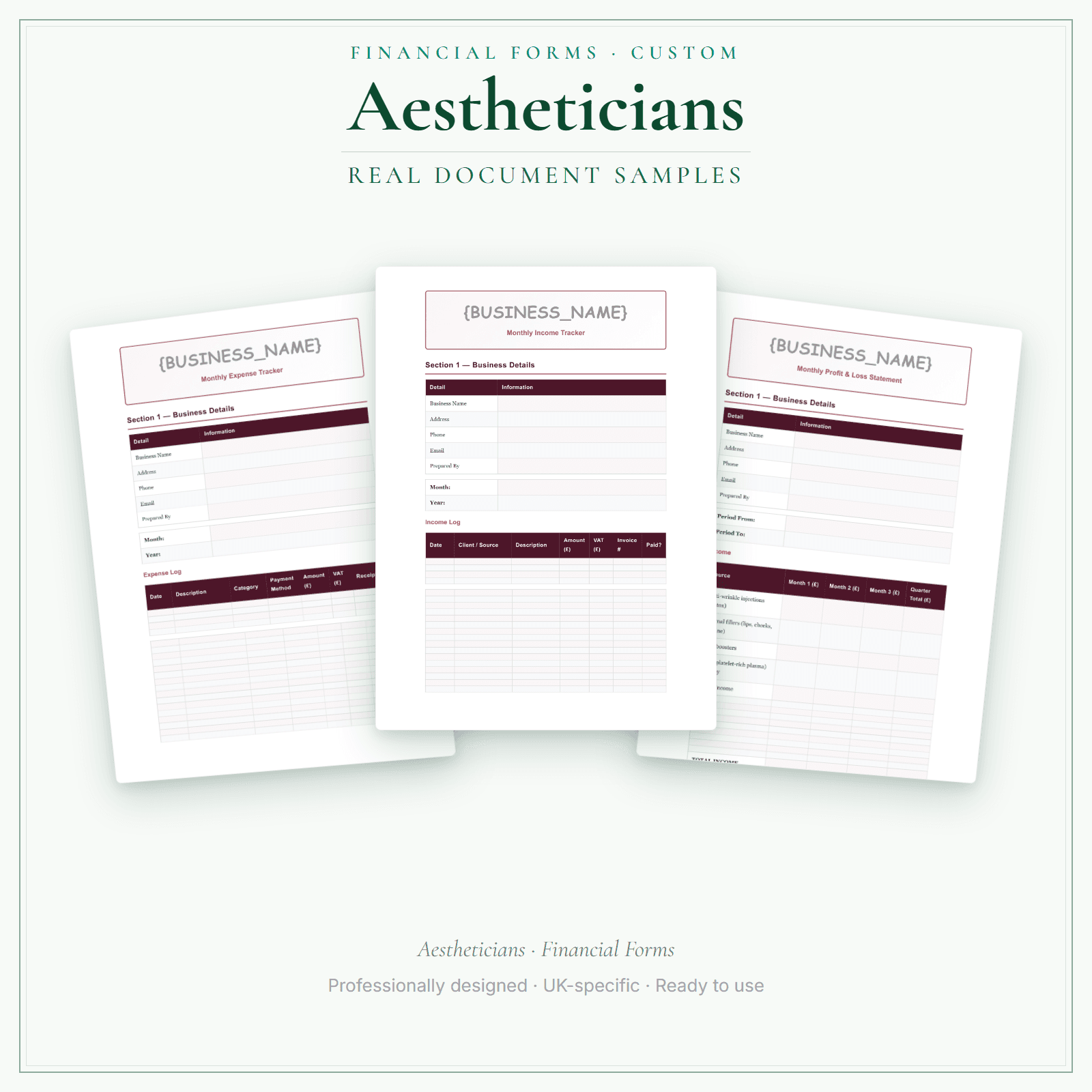 Aestheticians — Financial Forms Bundle — Customisable sample pages preview