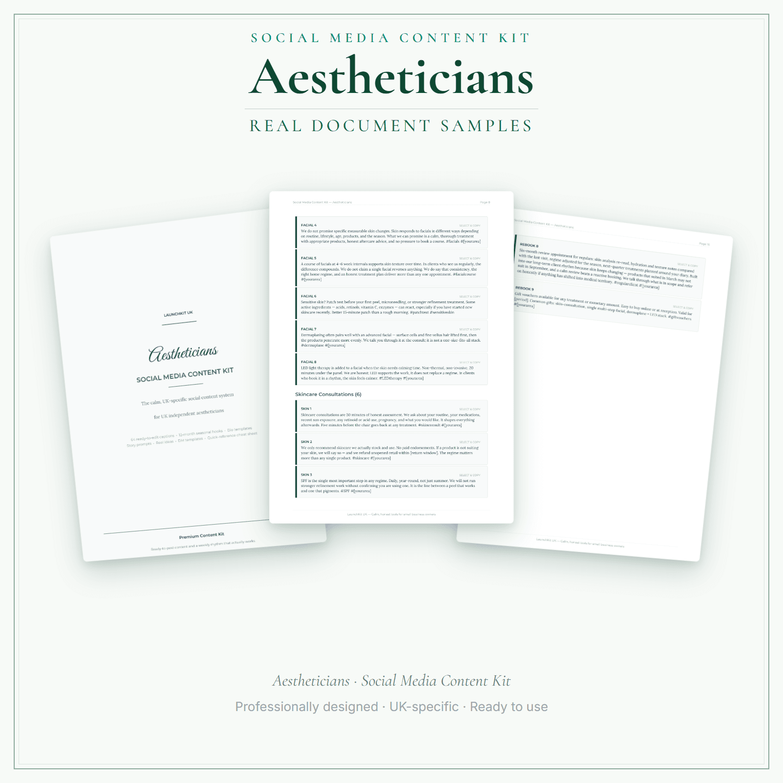 Aestheticians — Social Media Content Kit sample pages preview