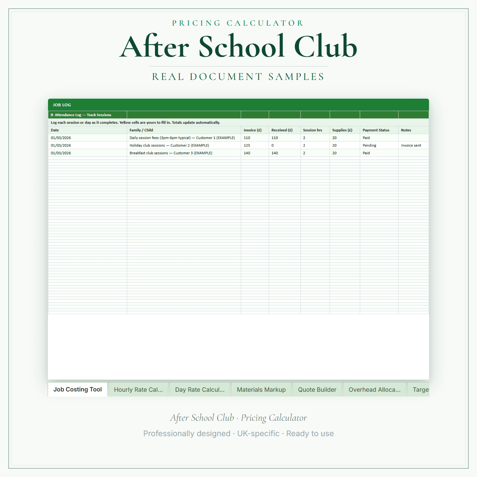 After School Club — Pricing Calculator — Premium sample pages preview