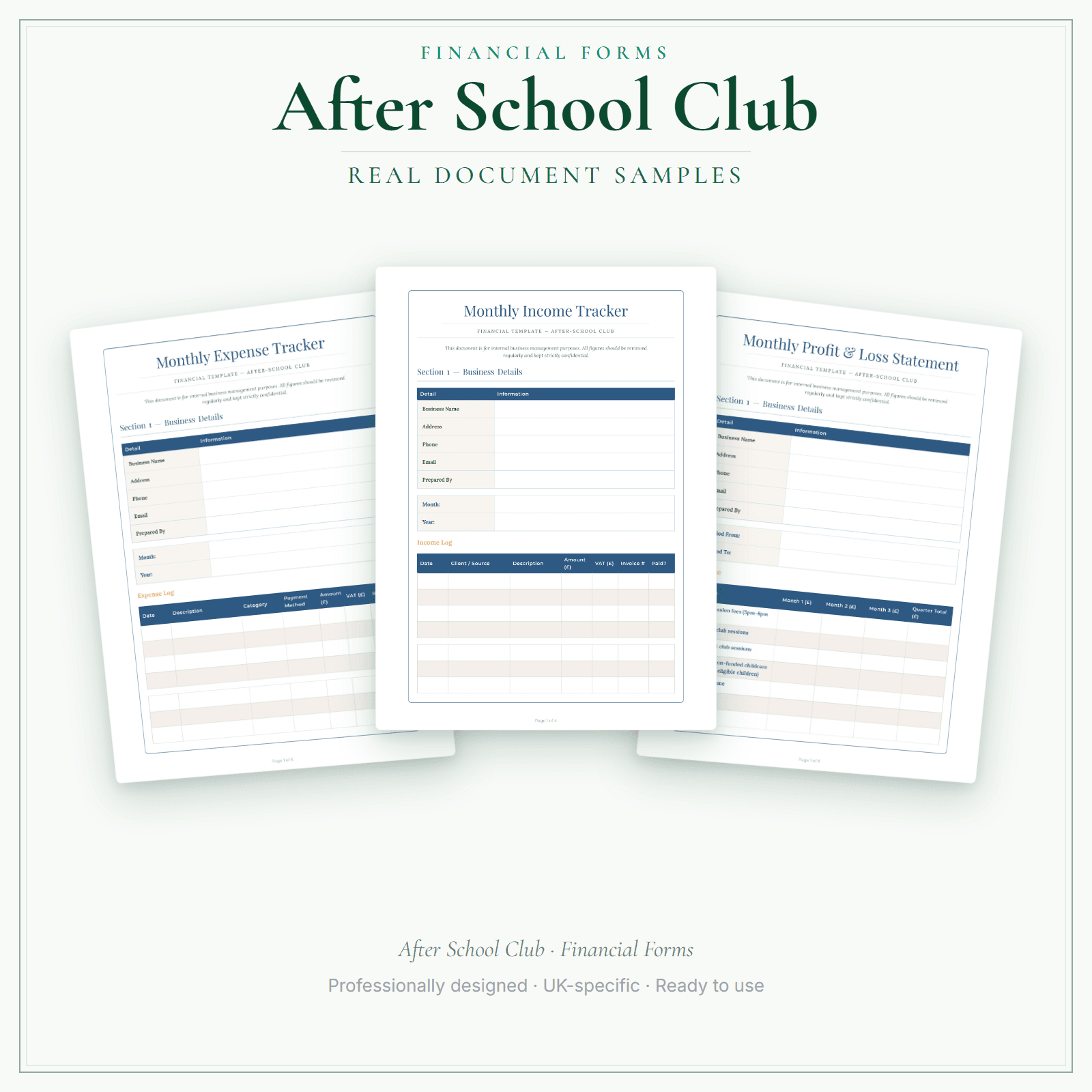After School Club — Financial Forms Bundle — Premium sample pages preview