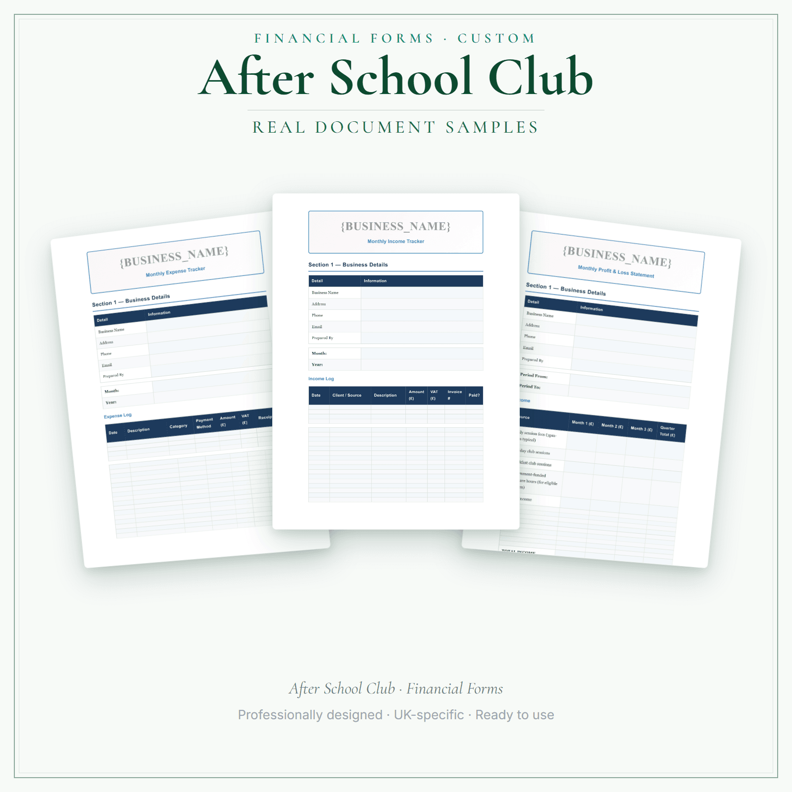 After School Club — Financial Forms Bundle — Customisable sample pages preview