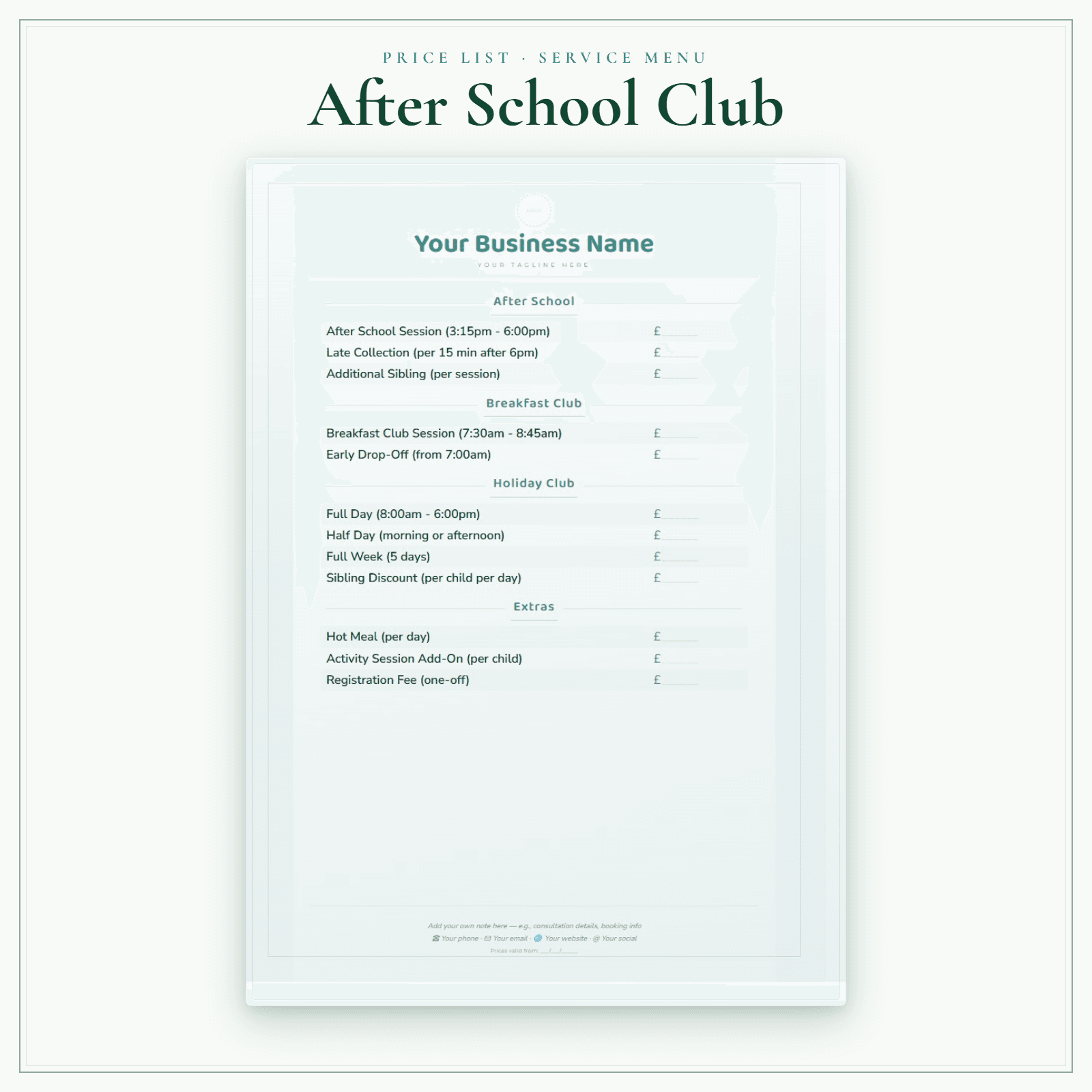 After School Club — Price List & Service Menu sample pages preview