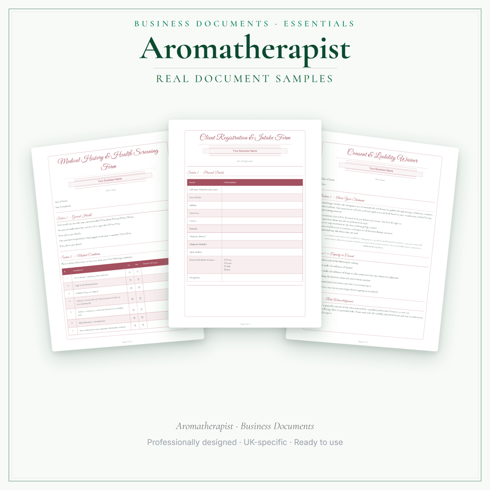 Aromatherapist — Business Documents — Essential sample pages preview