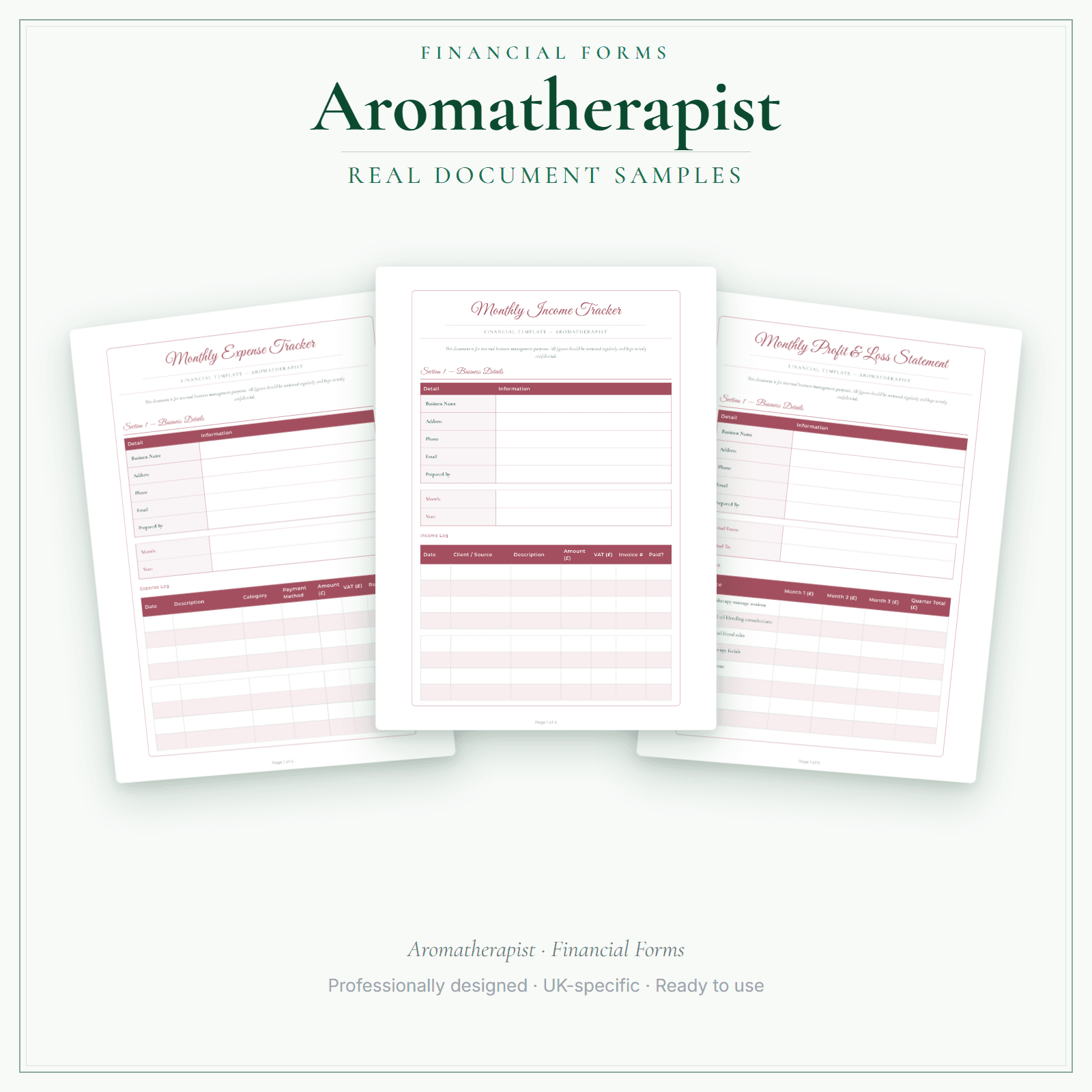 Aromatherapist — Financial Forms Bundle — Premium sample pages preview