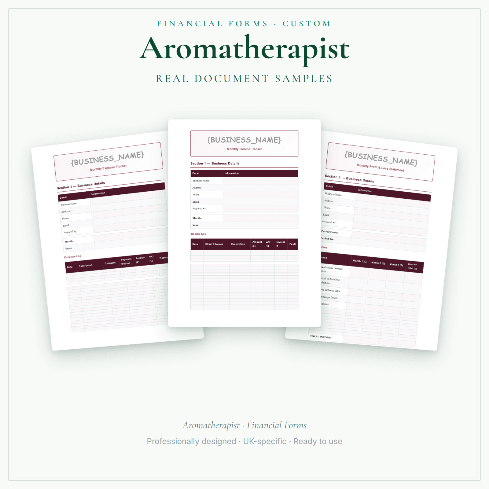 Aromatherapist — Financial Forms Bundle — Customisable sample pages preview