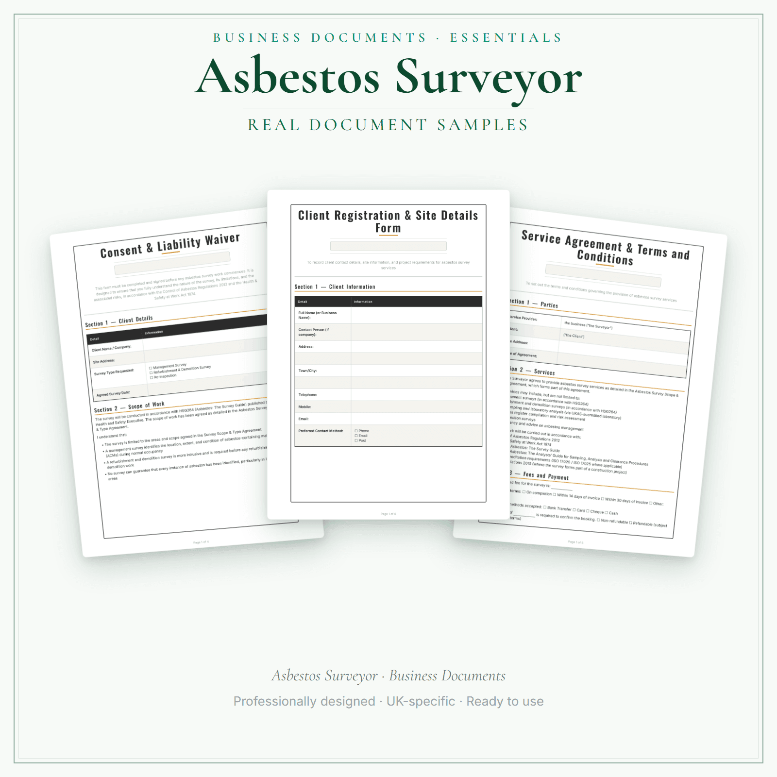 Asbestos Surveyor — Business Documents — Essential sample pages preview
