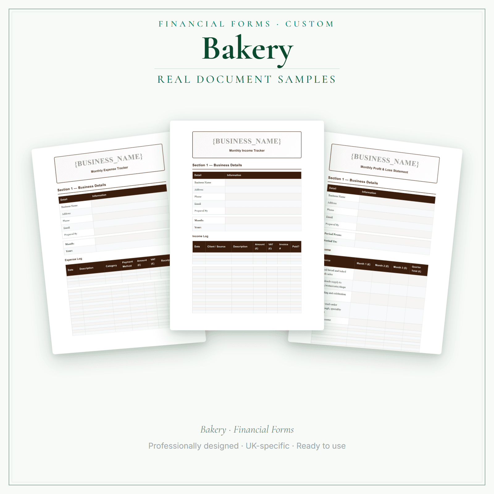 Bakery — Financial Forms Bundle — Customisable sample pages preview