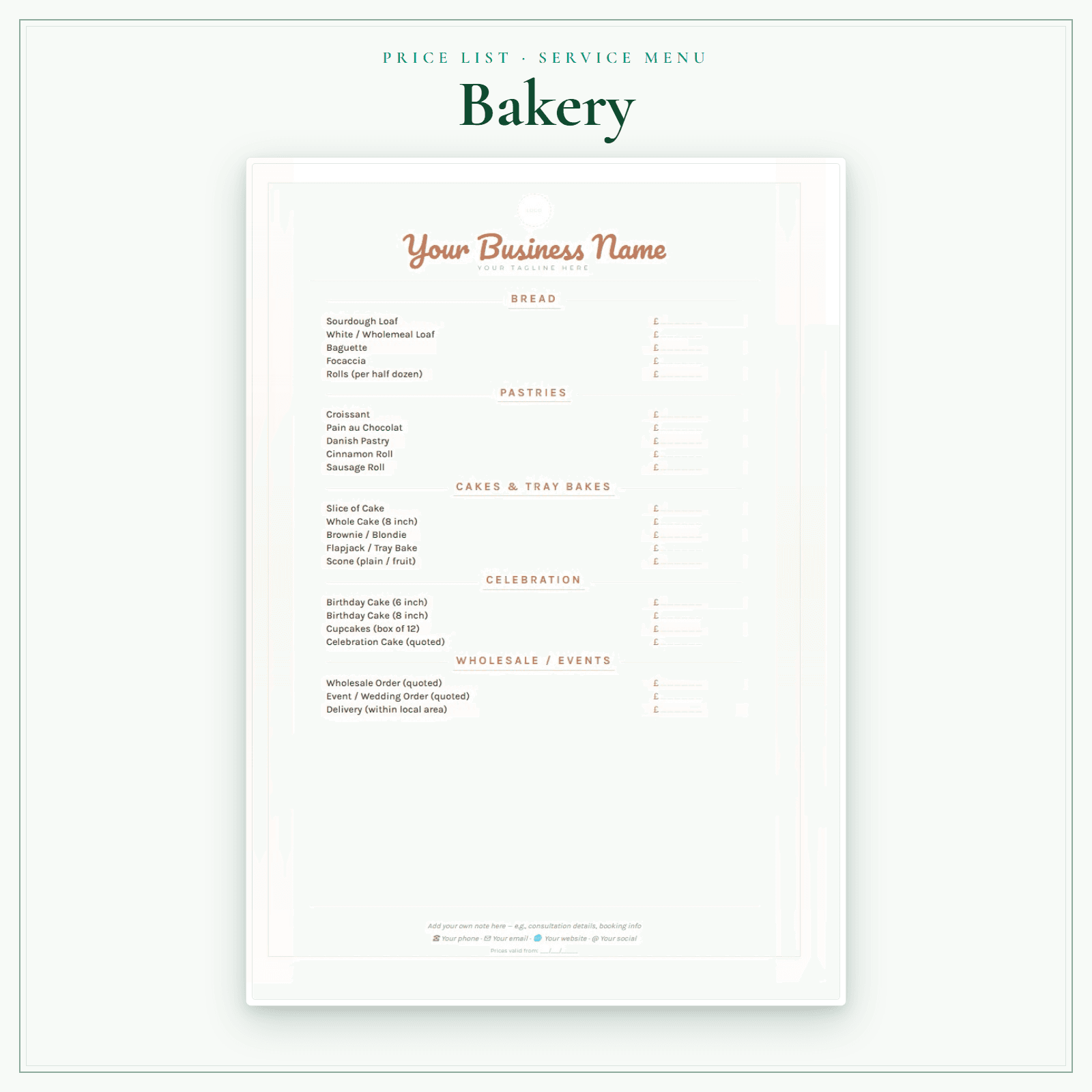 Bakery — Price List & Service Menu sample pages preview