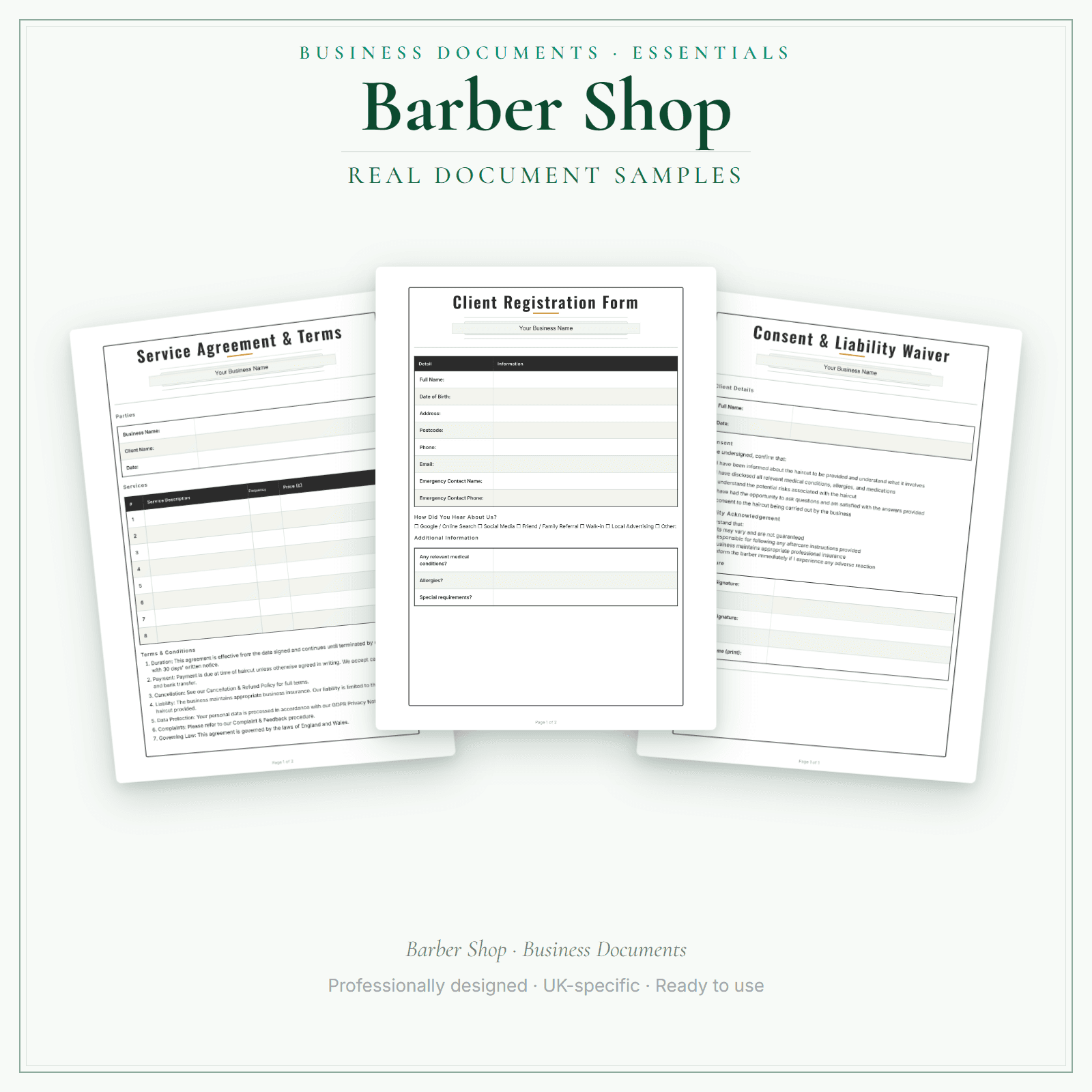Barber Shop — Business Documents — Essential sample pages preview