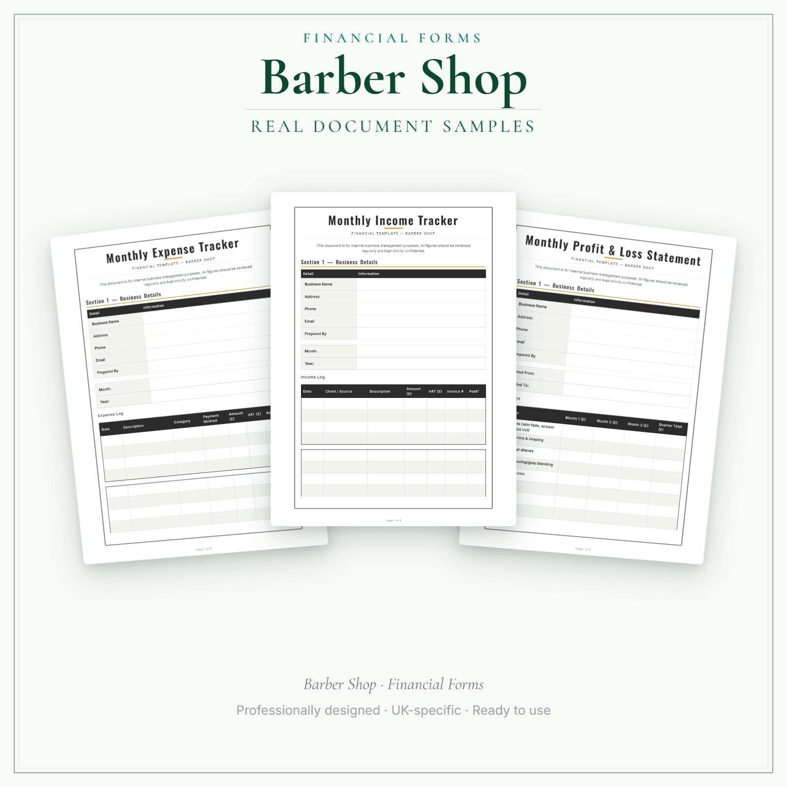 Barber Shop — Financial Forms Bundle — Premium sample pages preview