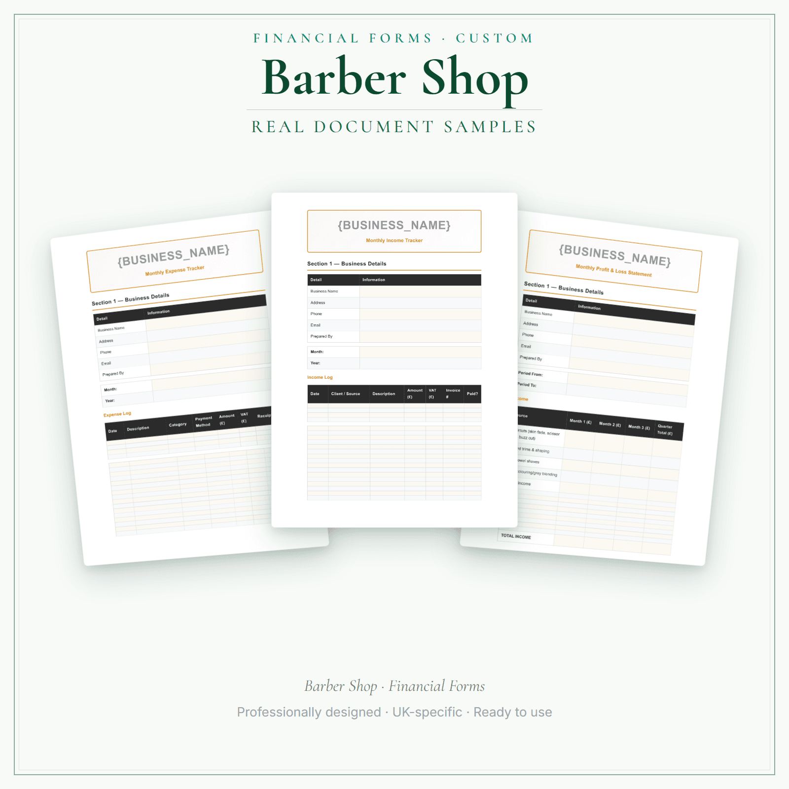 Barber Shop — Financial Forms Bundle — Customisable sample pages preview