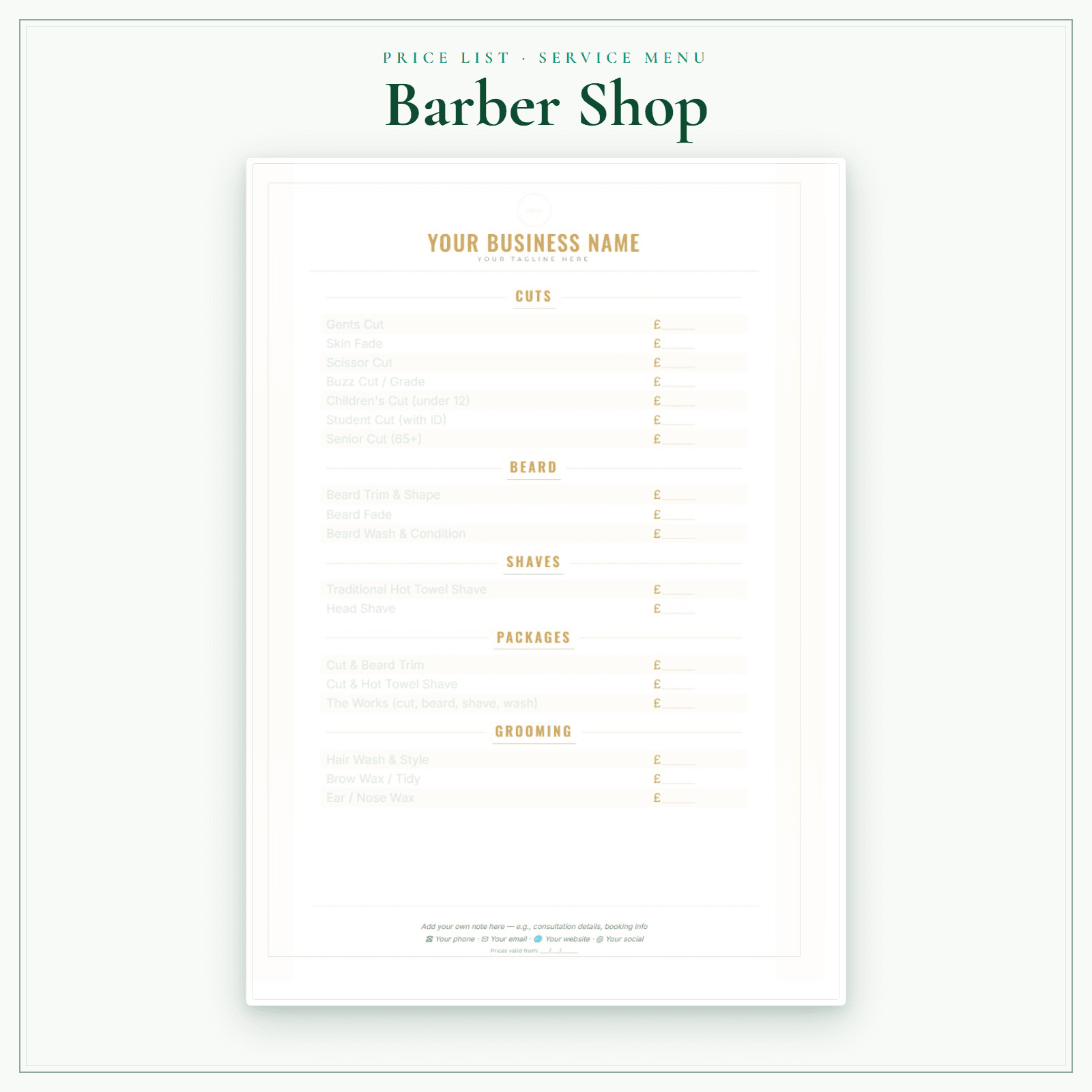 Barber Shop — Price List & Service Menu sample pages preview