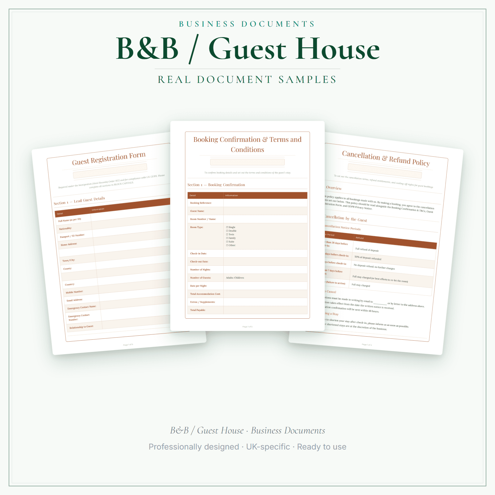 B&B / Guest House — Business Documents — Premium sample pages preview