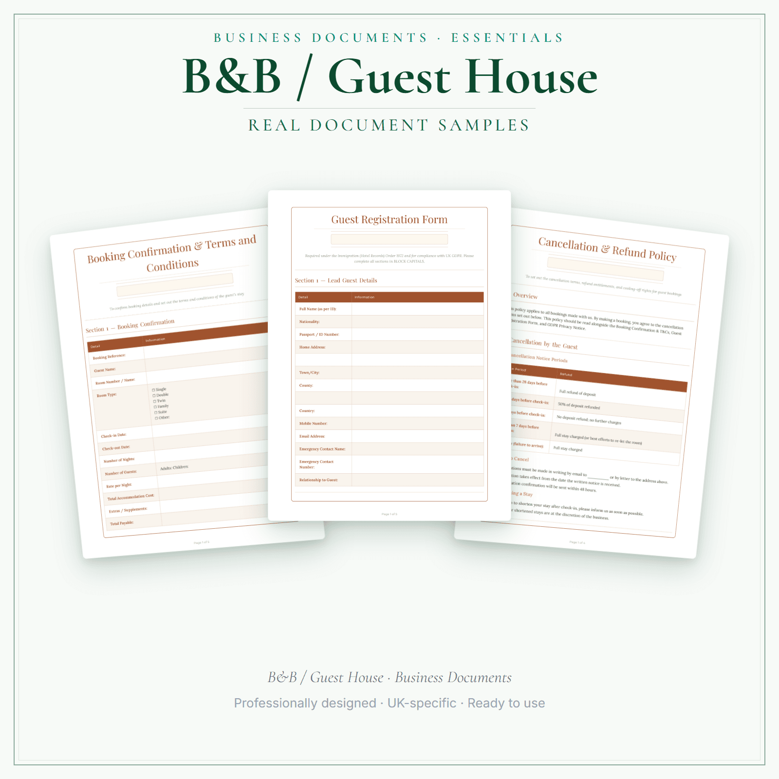 B&B / Guest House — Business Documents — Essential sample pages preview