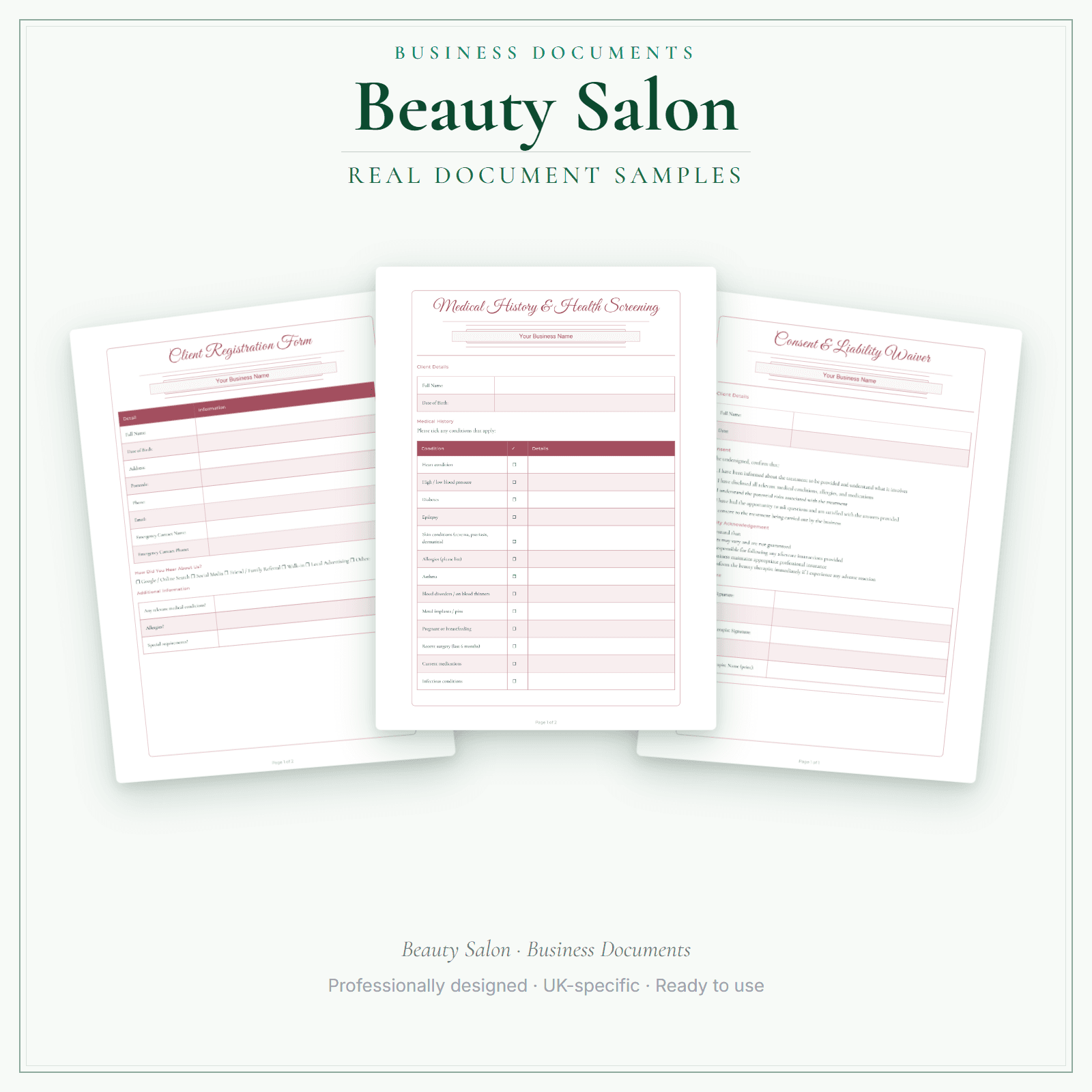 Beauty Salon — Business Documents — Premium sample pages preview