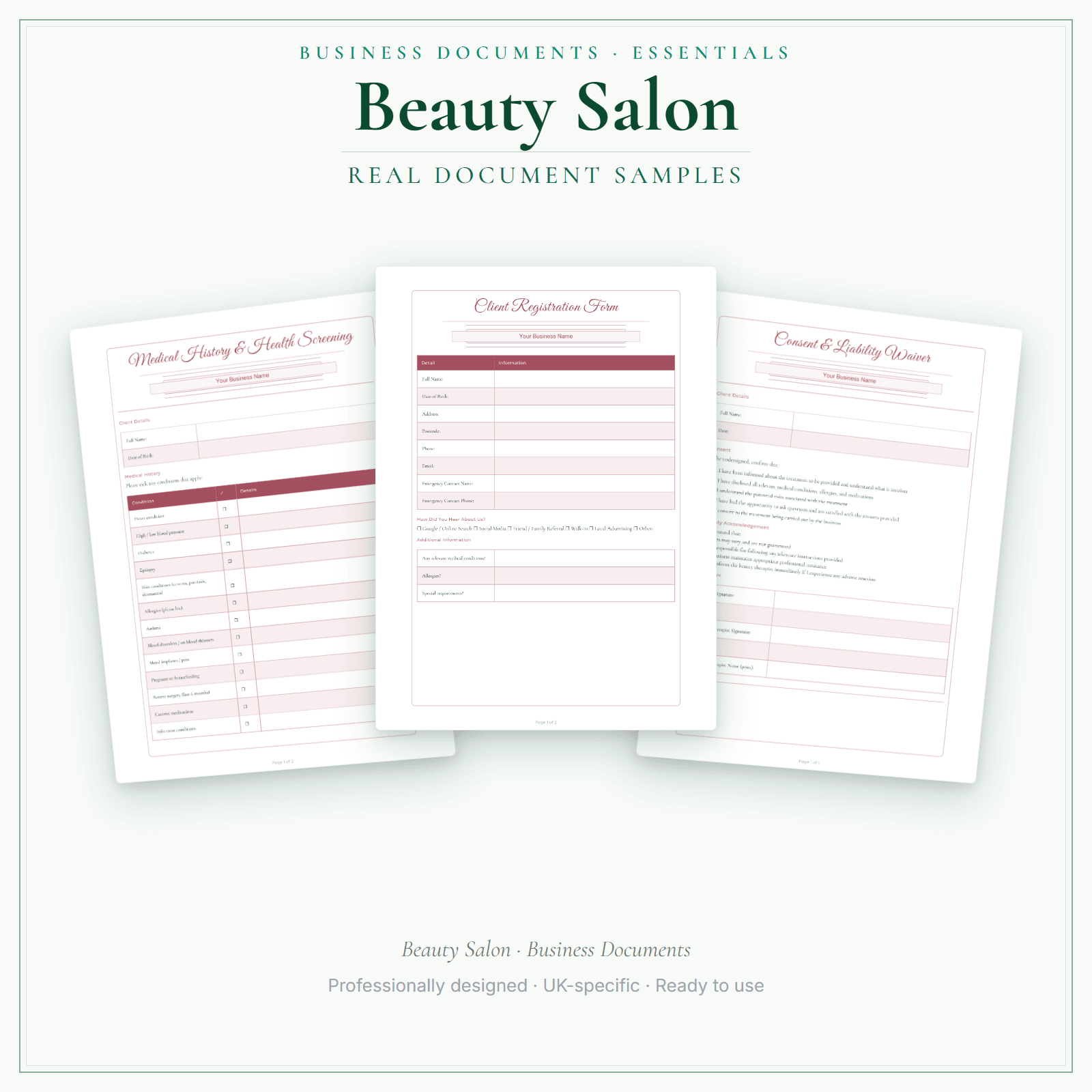 Beauty Salon — Business Documents — Essential sample pages preview