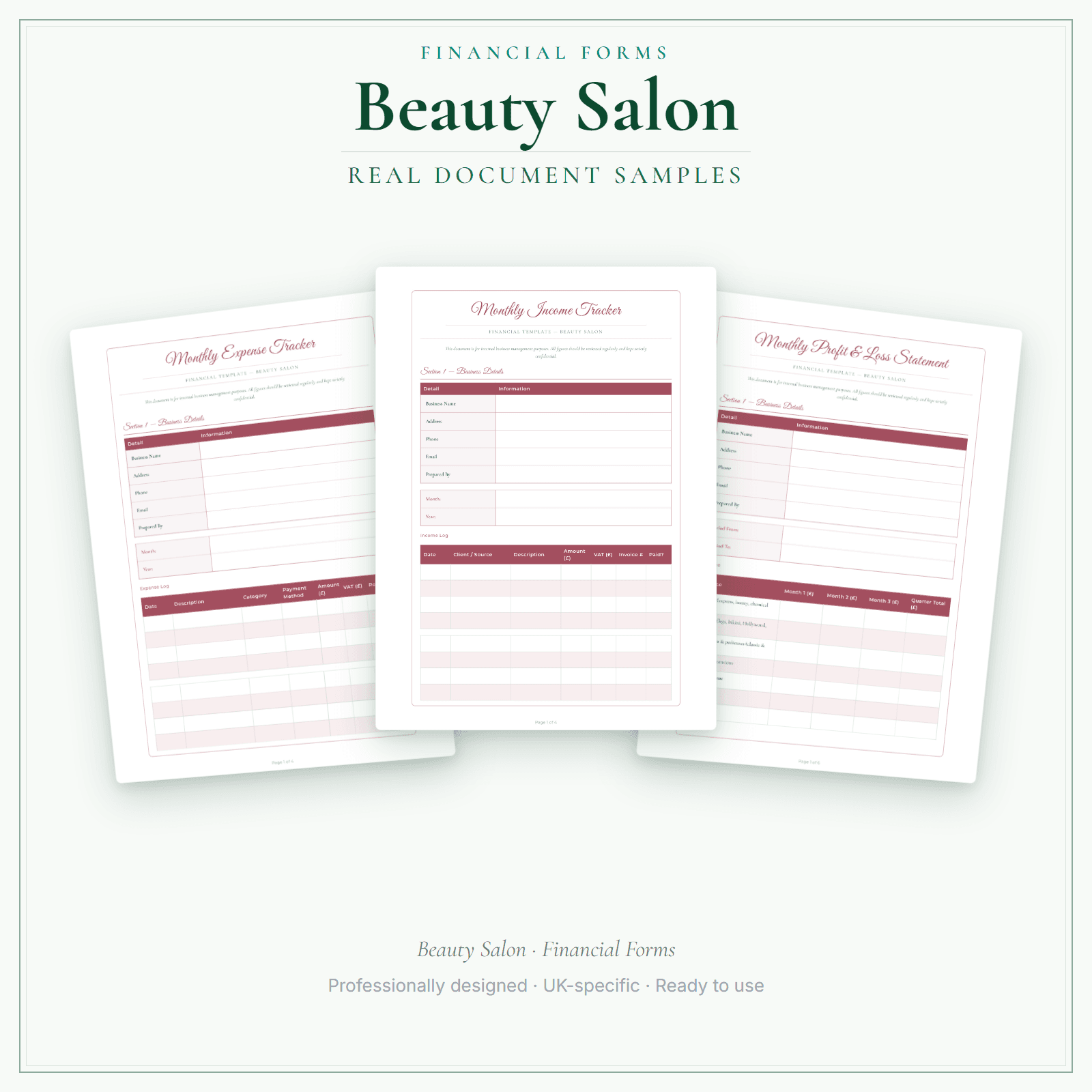 Beauty Salon — Financial Forms Bundle — Premium sample pages preview