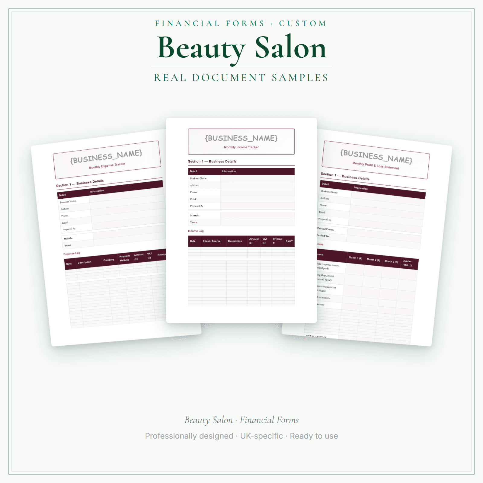Beauty Salon — Financial Forms Bundle — Customisable sample pages preview