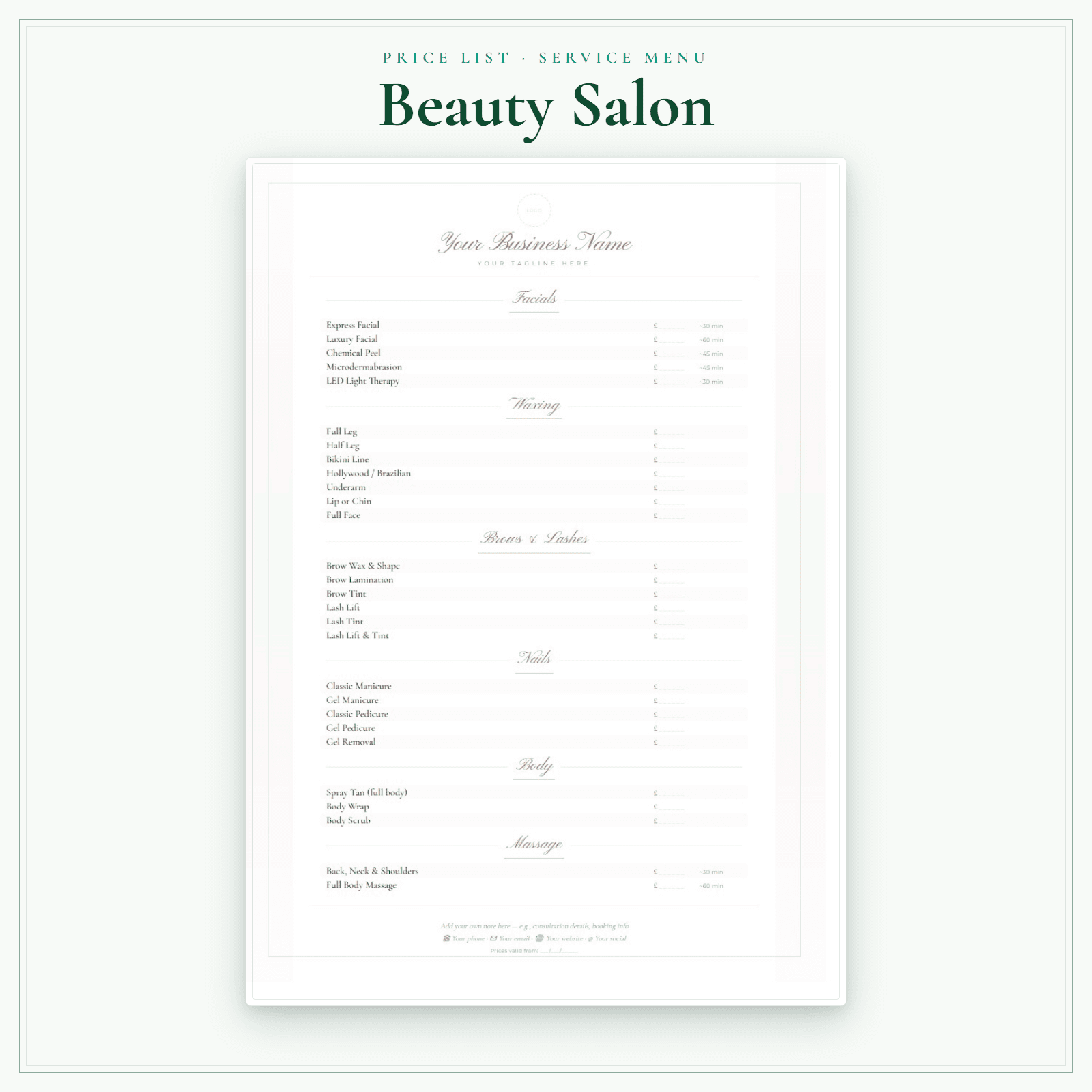 Beauty Salon — Price List & Service Menu sample pages preview