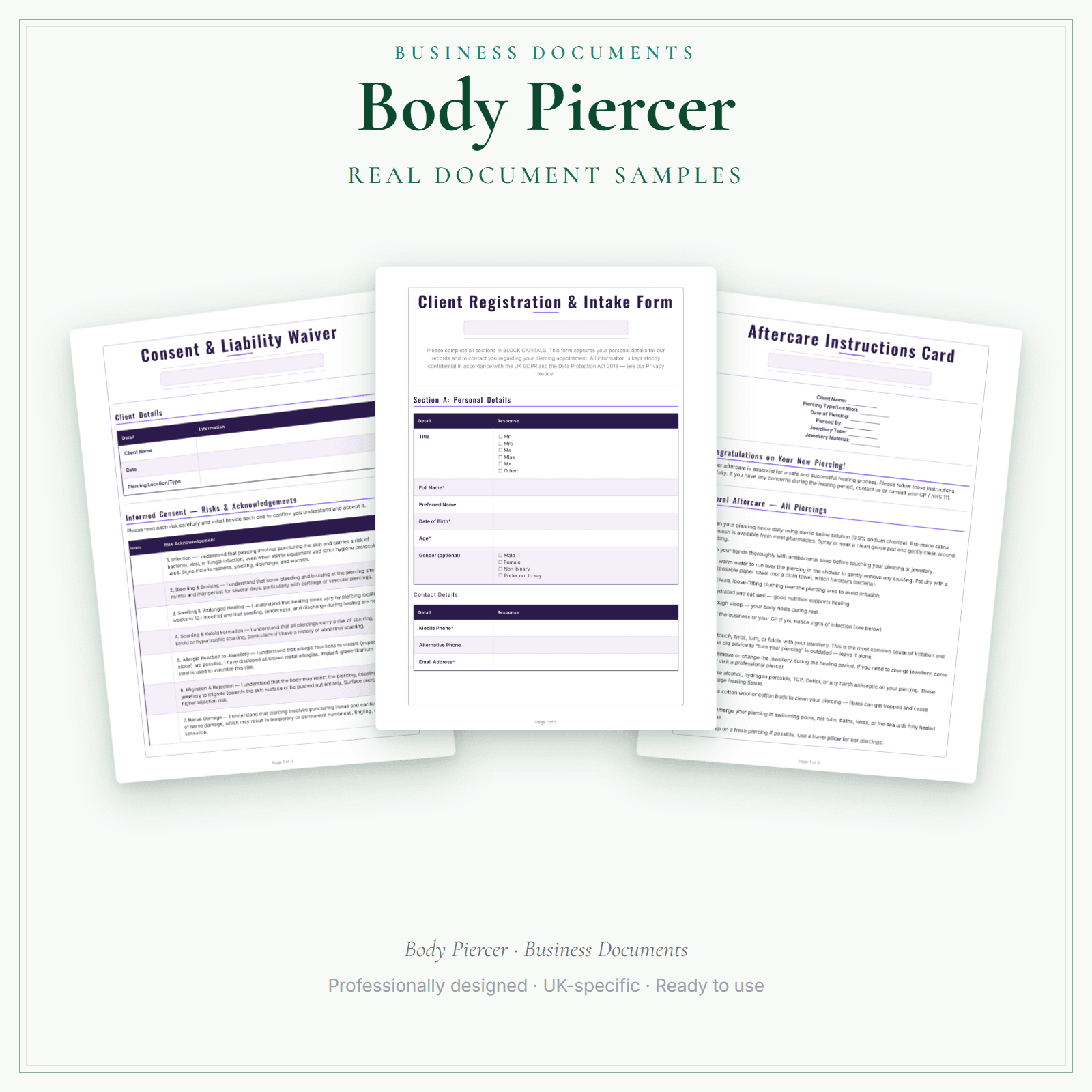 Body Piercer — Business Documents — Premium sample pages preview