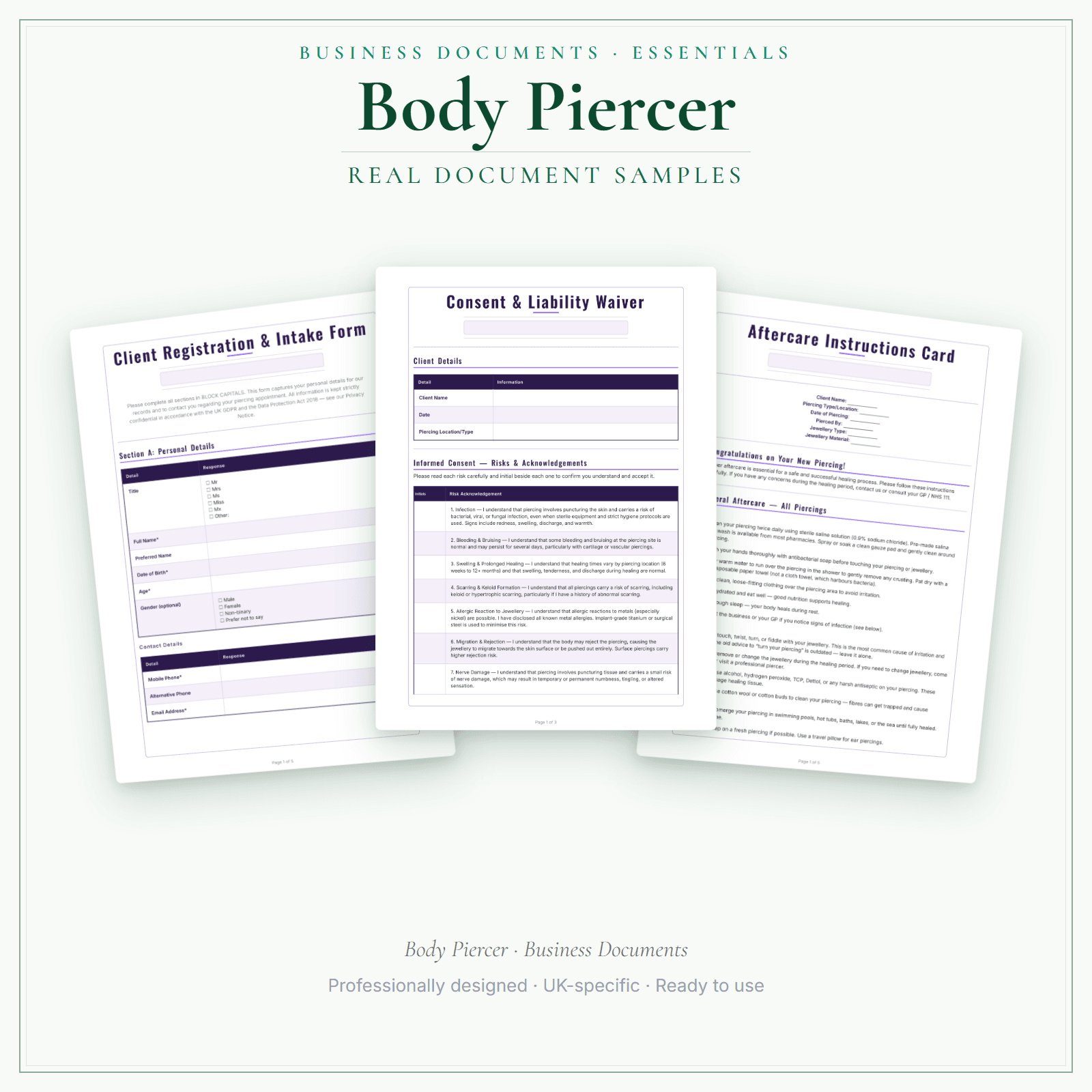 Body Piercer — Business Documents — Essential sample pages preview
