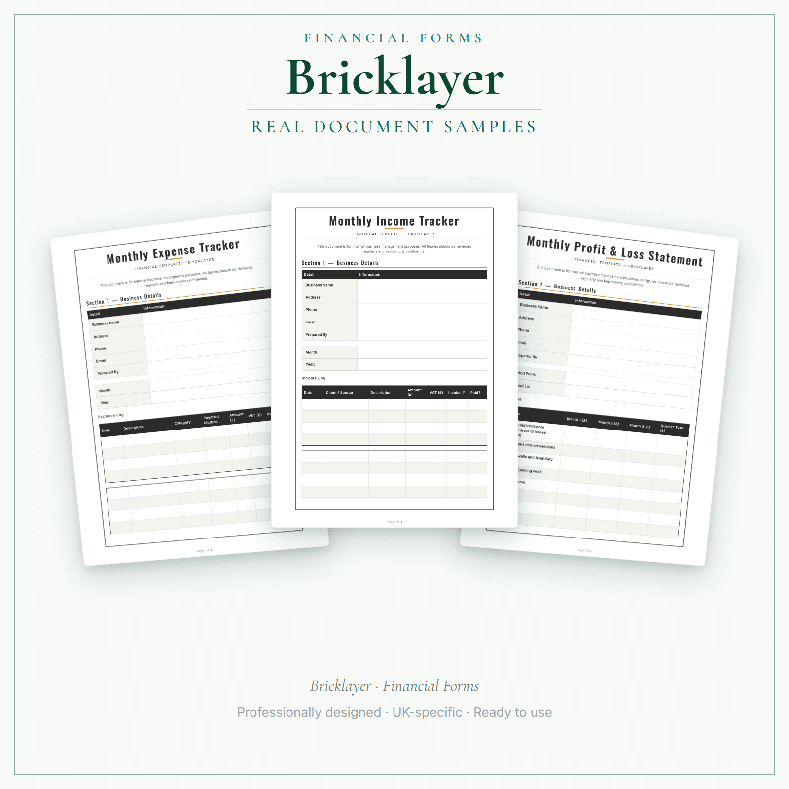 Bricklayer — Financial Forms Bundle — Premium sample pages preview
