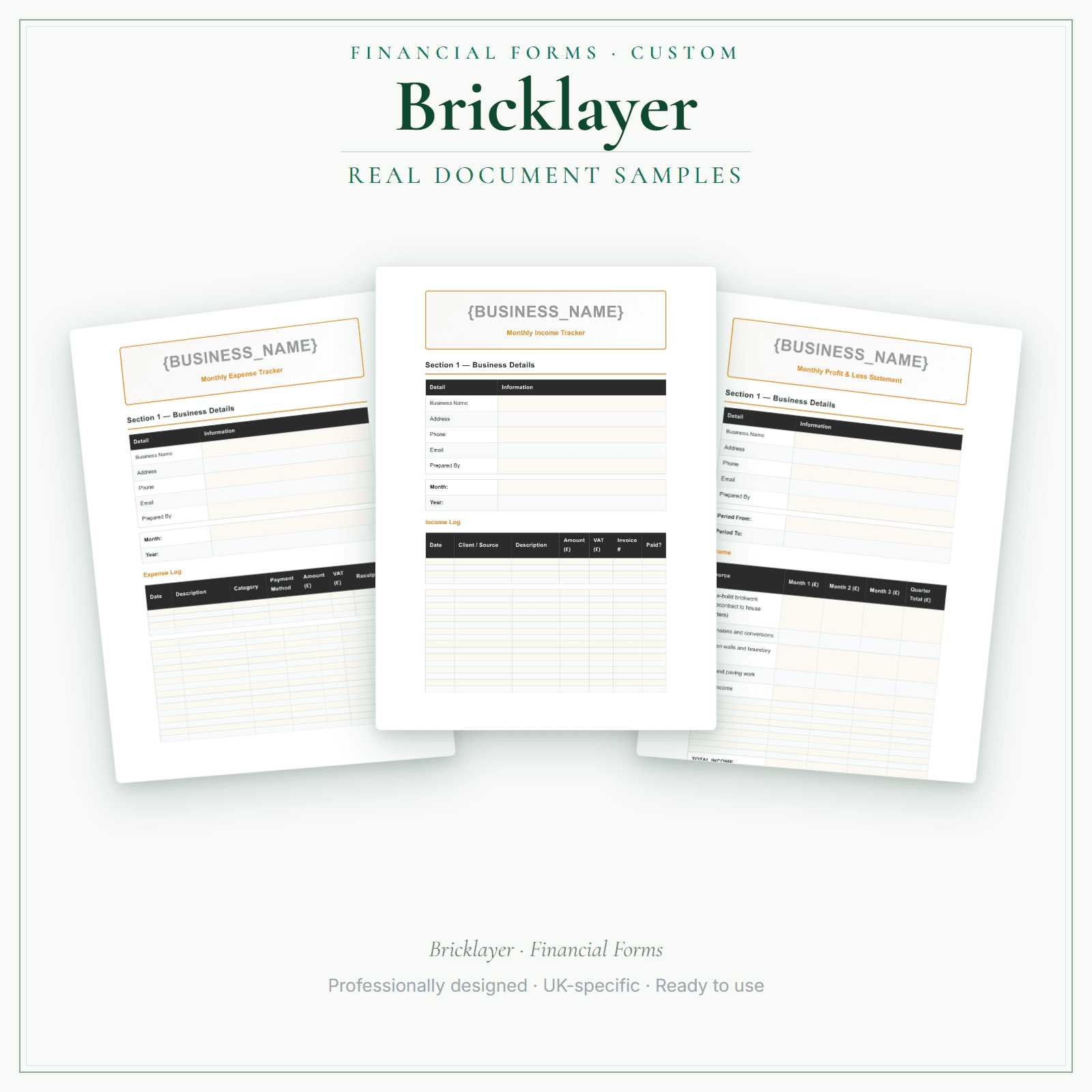 Bricklayer — Financial Forms Bundle — Customisable sample pages preview