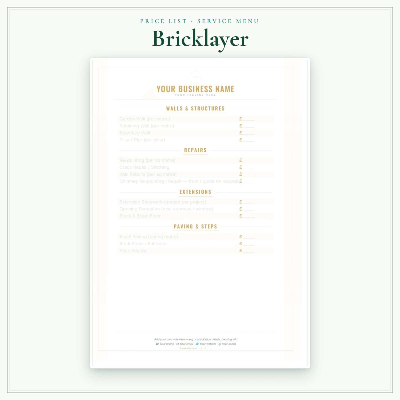 Bricklayer — Price List & Service Menu sample pages preview