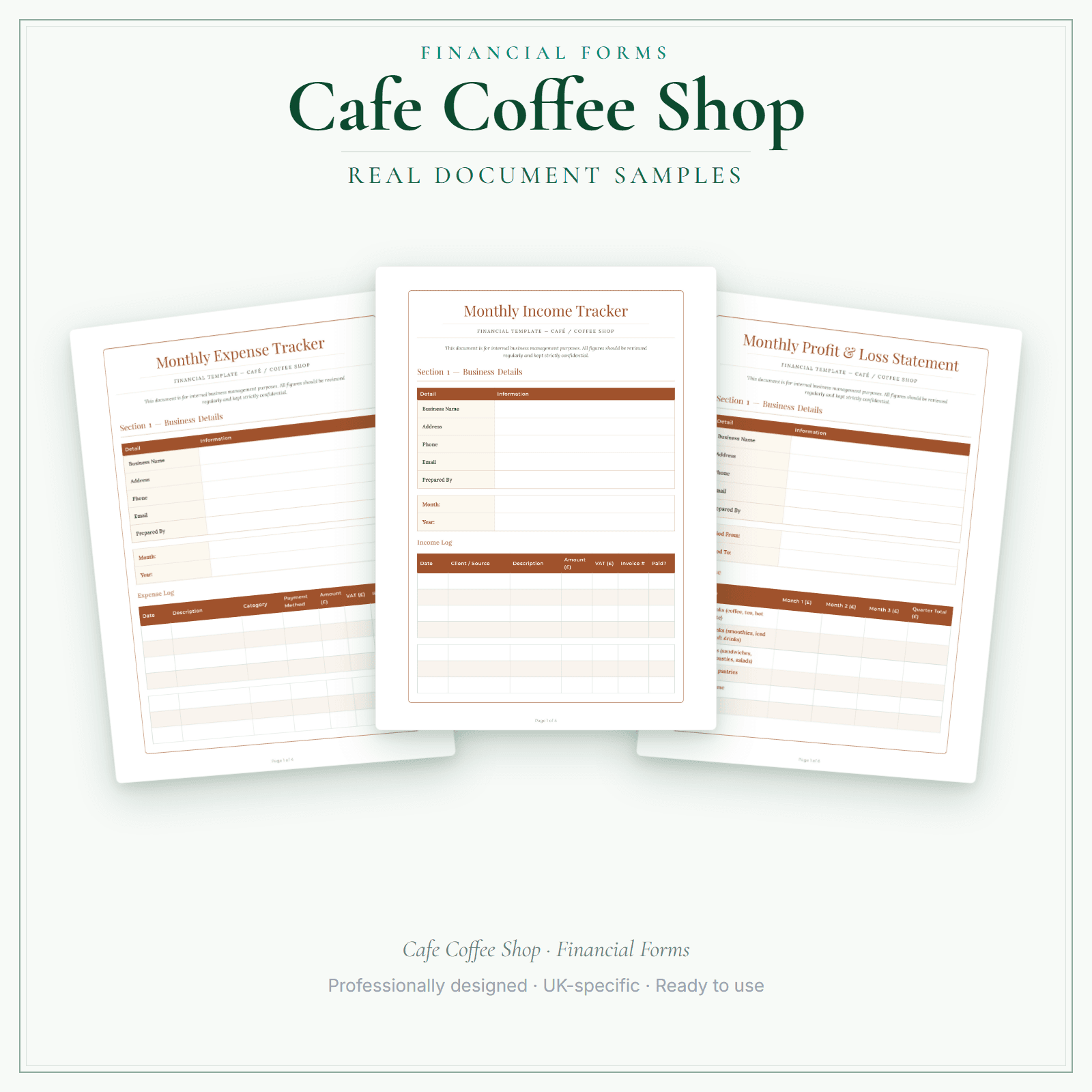 Cafe Coffee Shop — Financial Forms Bundle — Premium sample pages preview