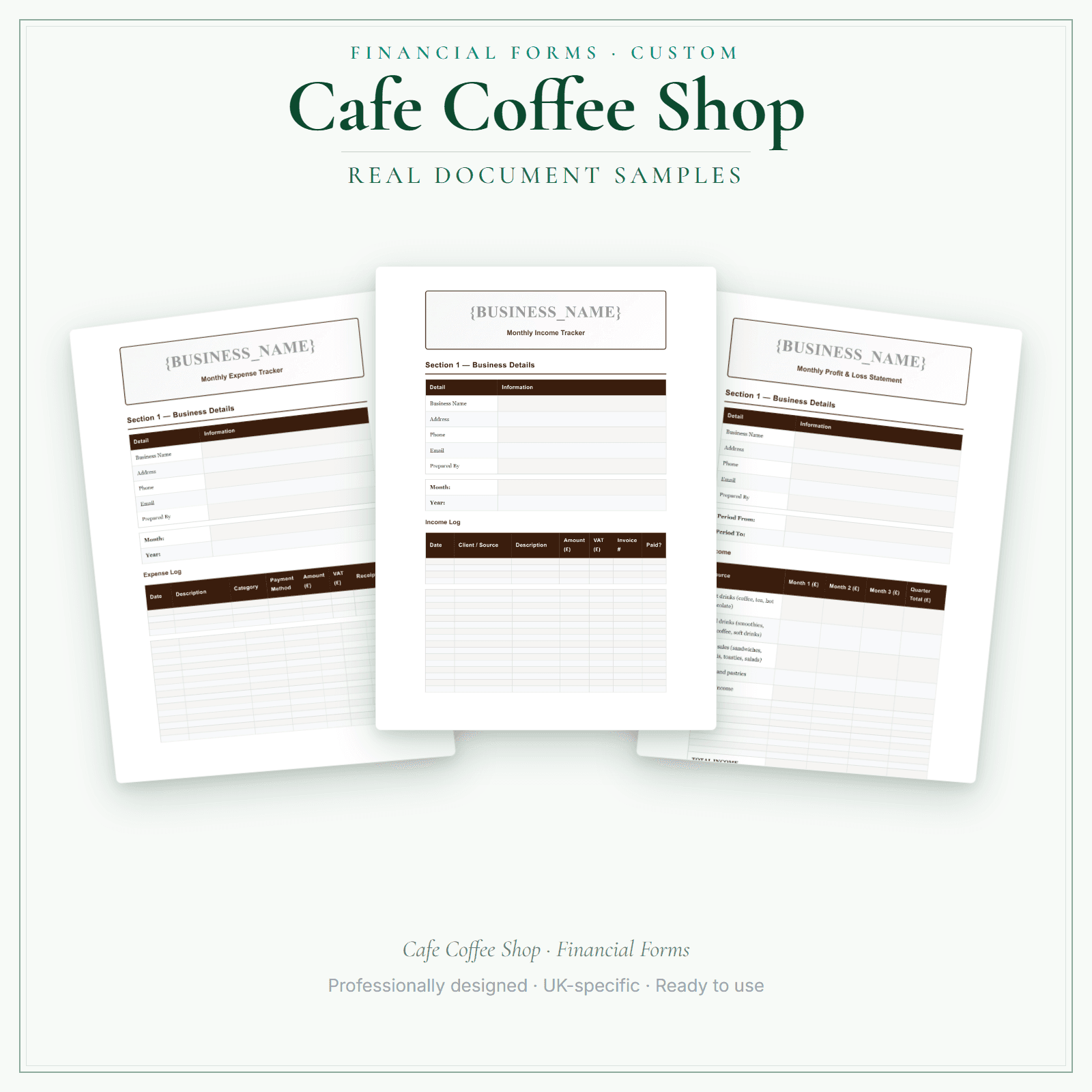 Cafe Coffee Shop — Financial Forms Bundle — Customisable sample pages preview