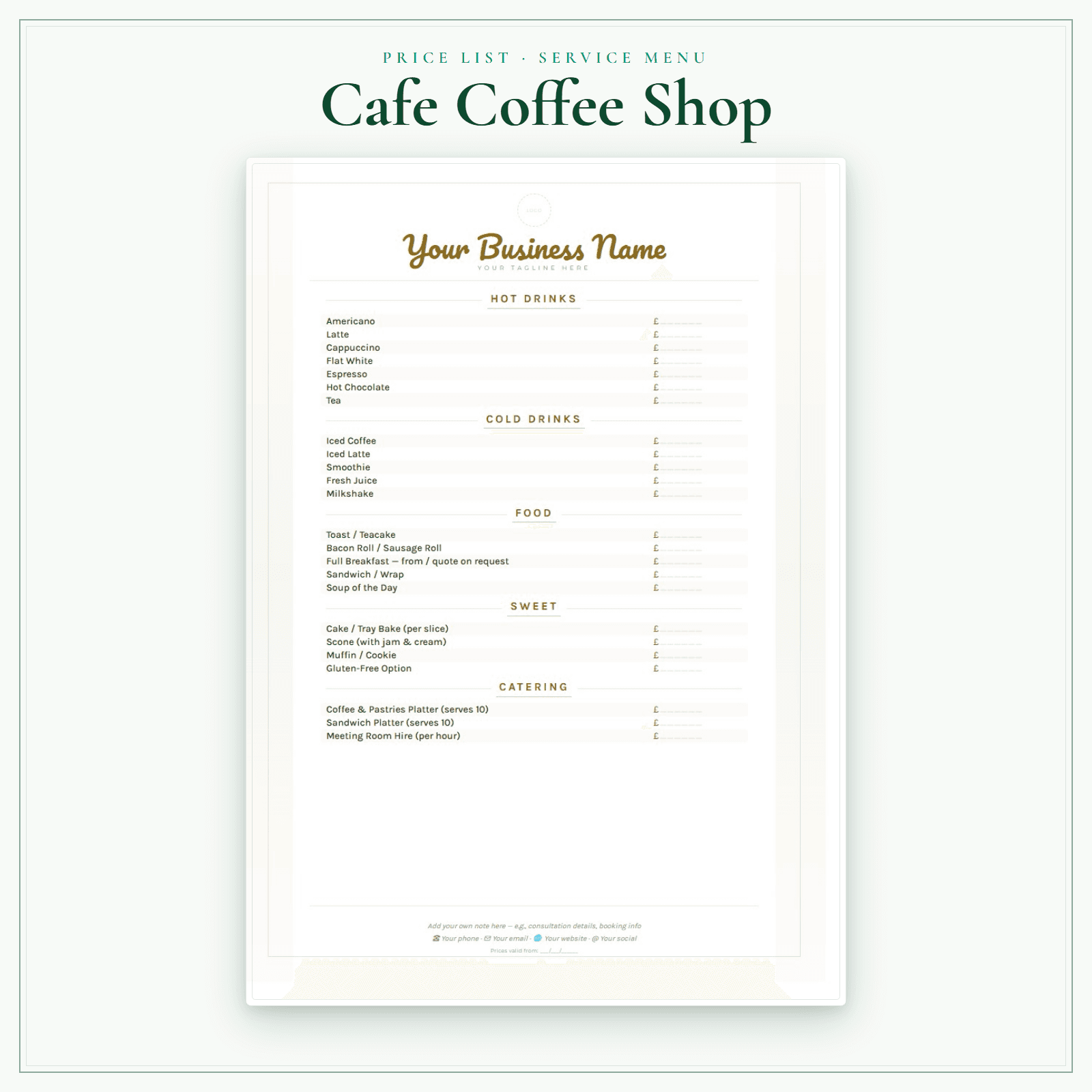 Cafe Coffee Shop — Price List & Service Menu sample pages preview