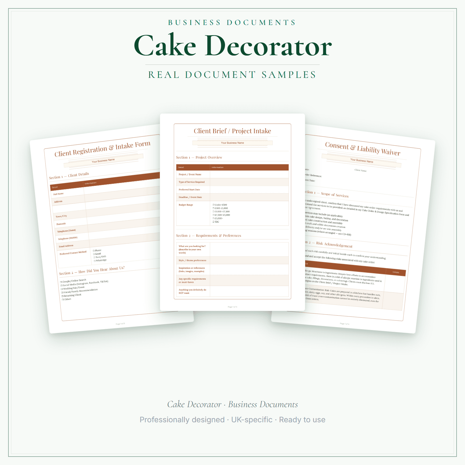 Cake Decorator — Business Documents — Premium sample pages preview