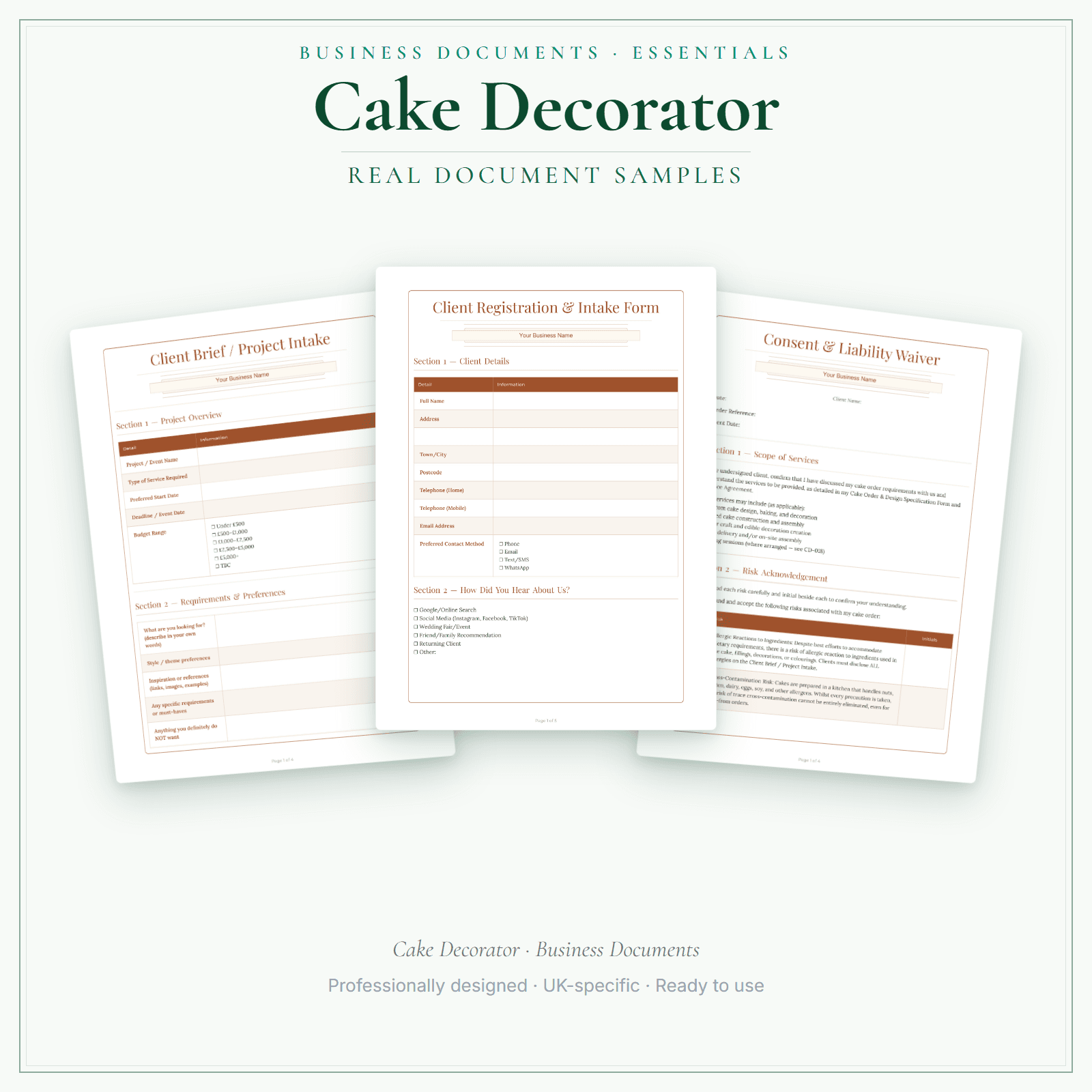 Cake Decorator — Business Documents — Essential sample pages preview