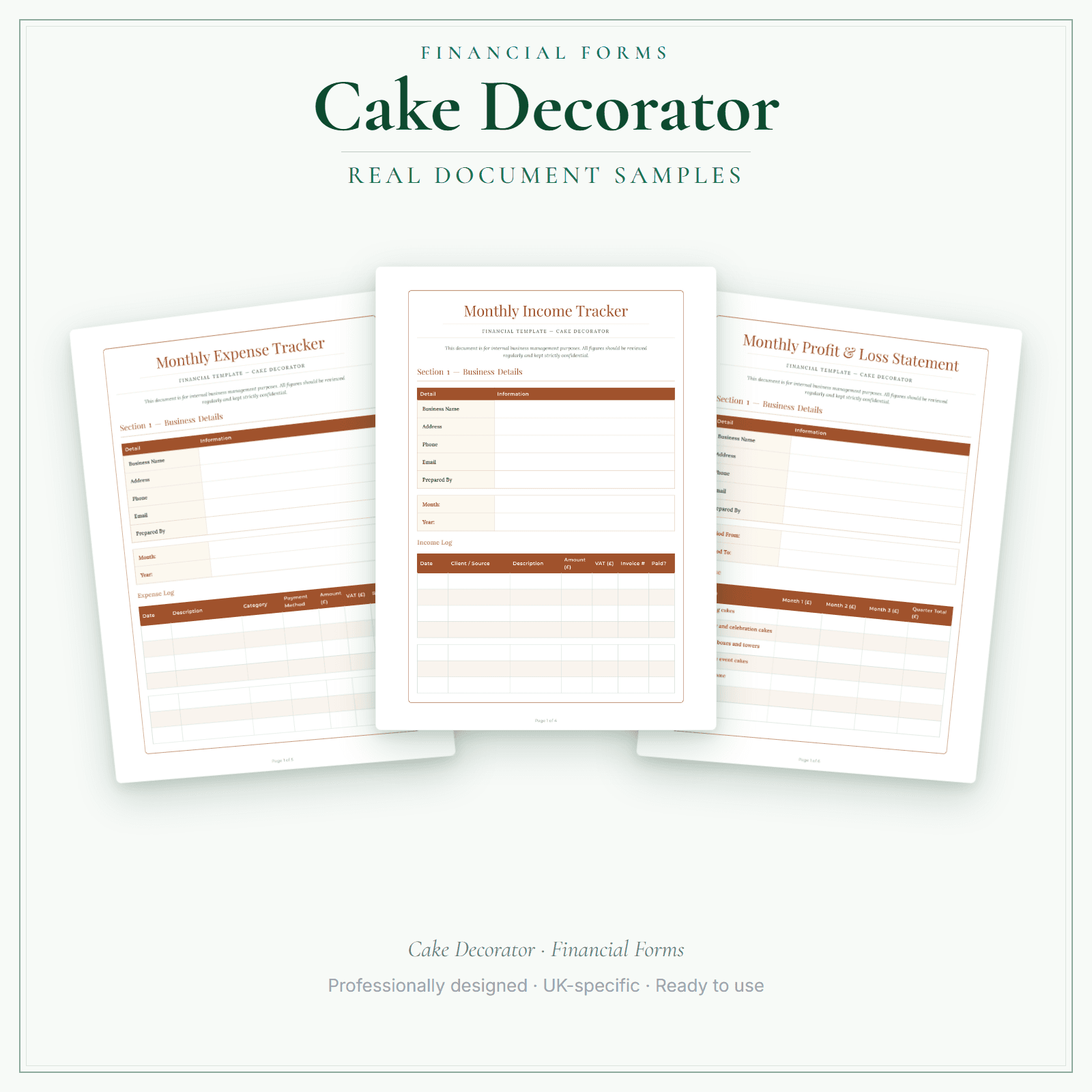 Cake Decorator — Financial Forms Bundle — Premium sample pages preview