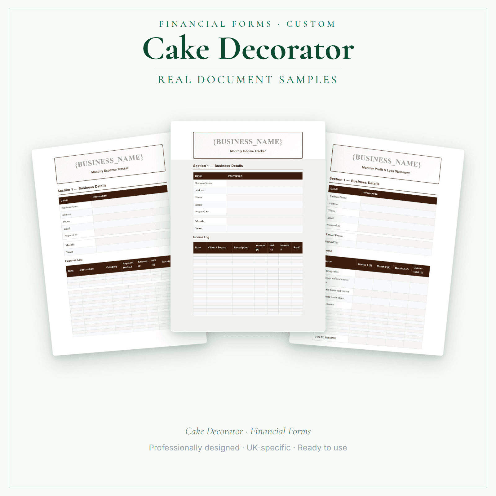 Cake Decorator — Financial Forms Bundle — Customisable sample pages preview
