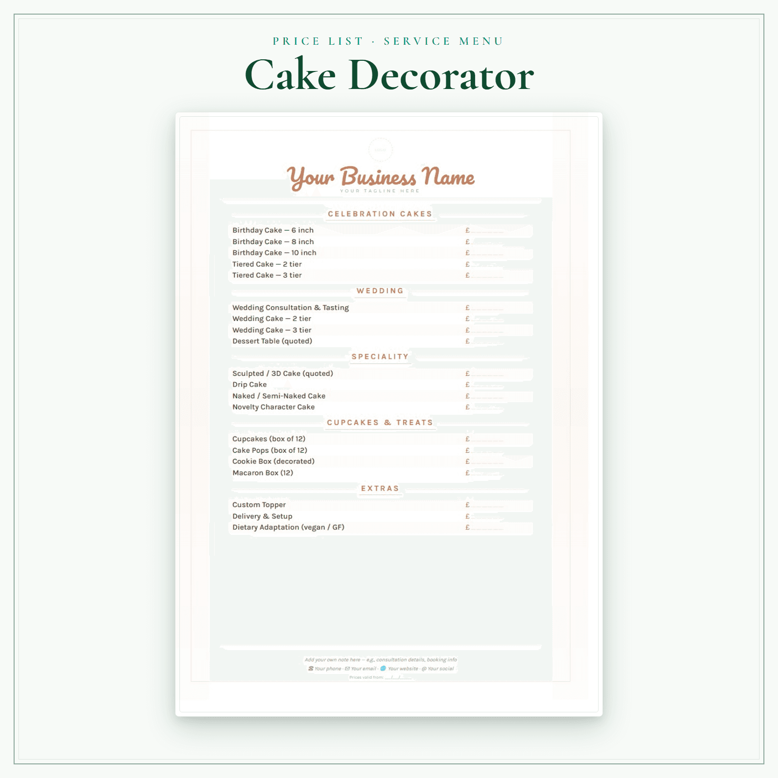 Cake Decorator — Price List & Service Menu sample pages preview