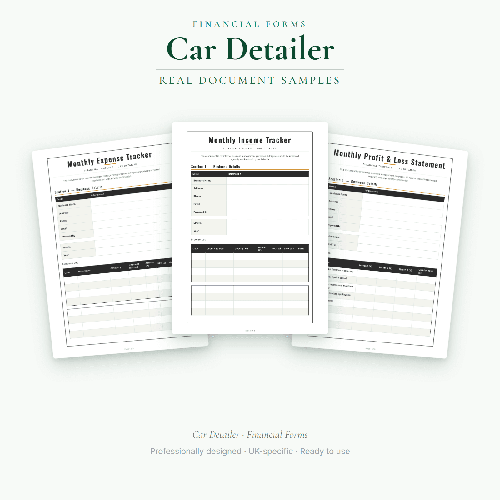 Car Detailer — Financial Forms Bundle — Premium sample pages preview