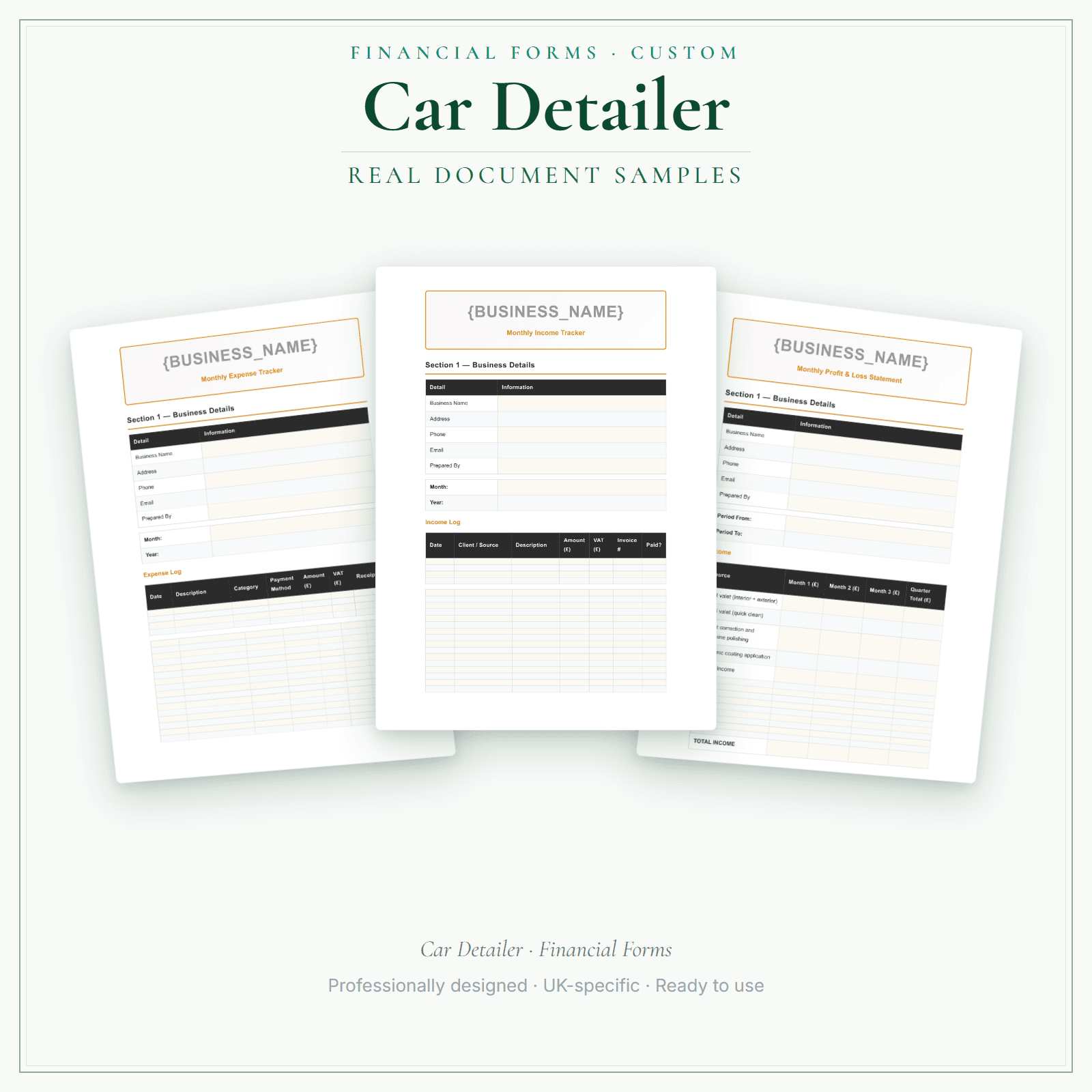 Car Detailer — Financial Forms Bundle — Customisable sample pages preview