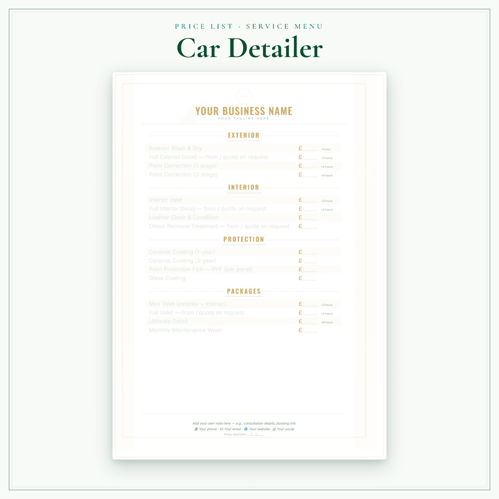 Car Detailer — Price List & Service Menu sample pages preview