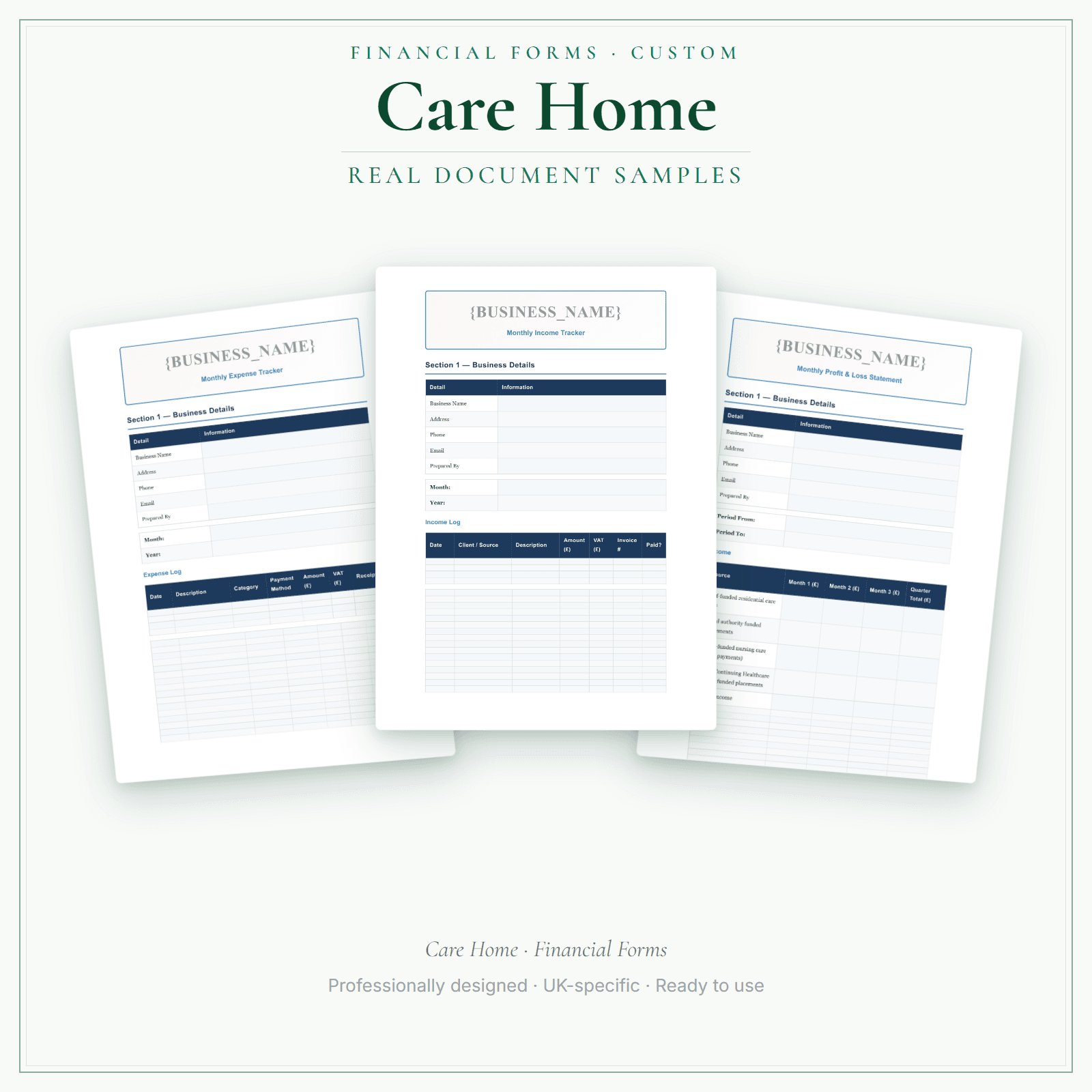 Care Home — Financial Forms Bundle — Customisable sample pages preview