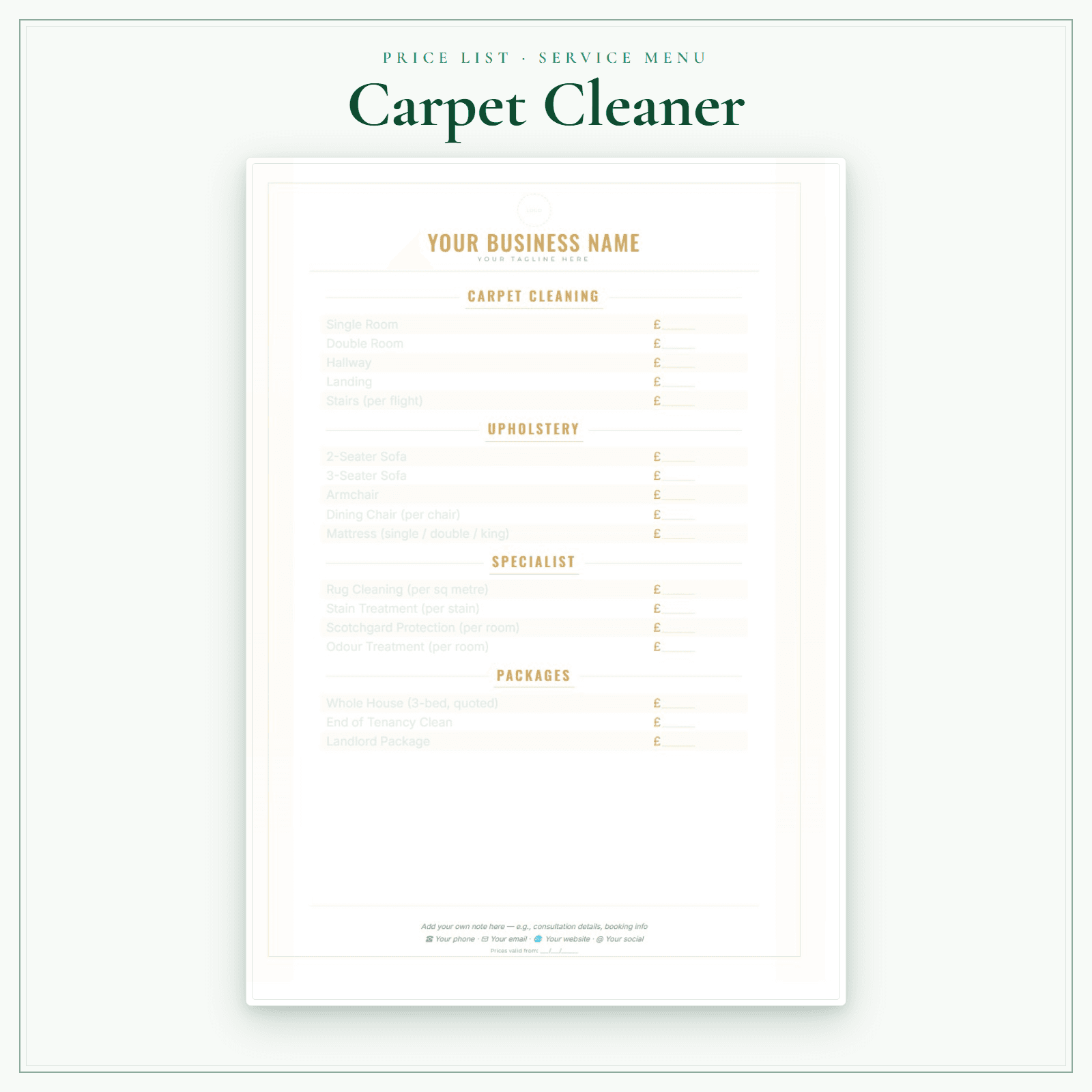 Carpet Cleaner — Price List & Service Menu sample pages preview