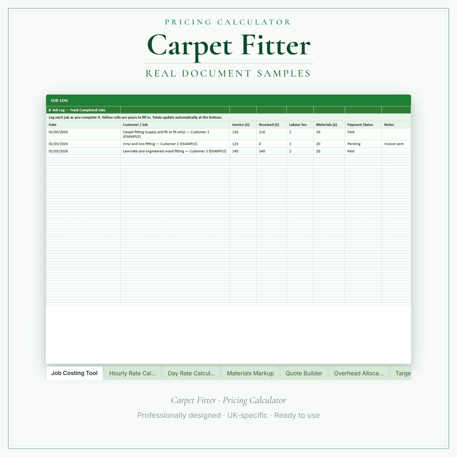 Carpet Fitter — Pricing Calculator — Premium sample pages preview