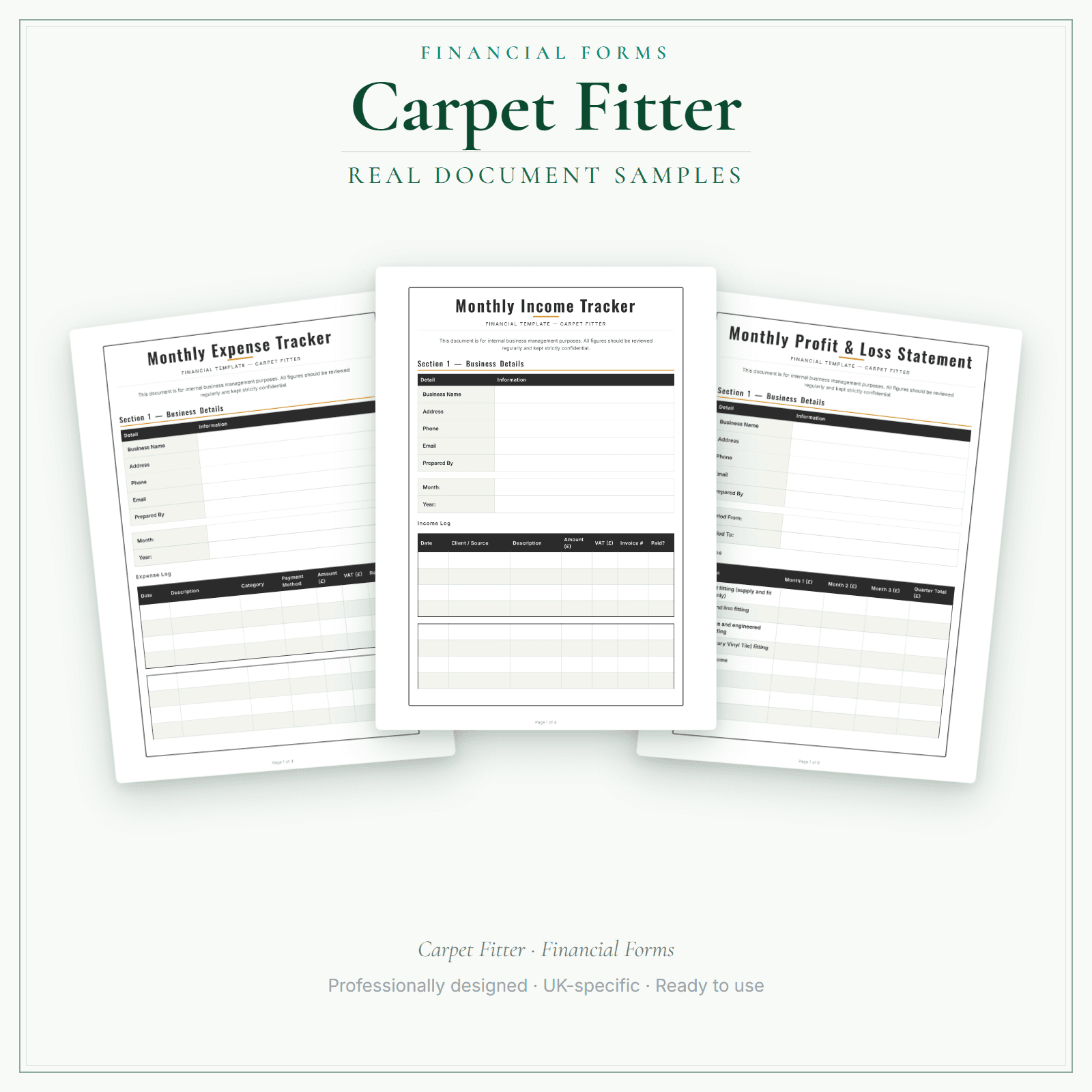 Carpet Fitter — Financial Forms Bundle — Premium sample pages preview