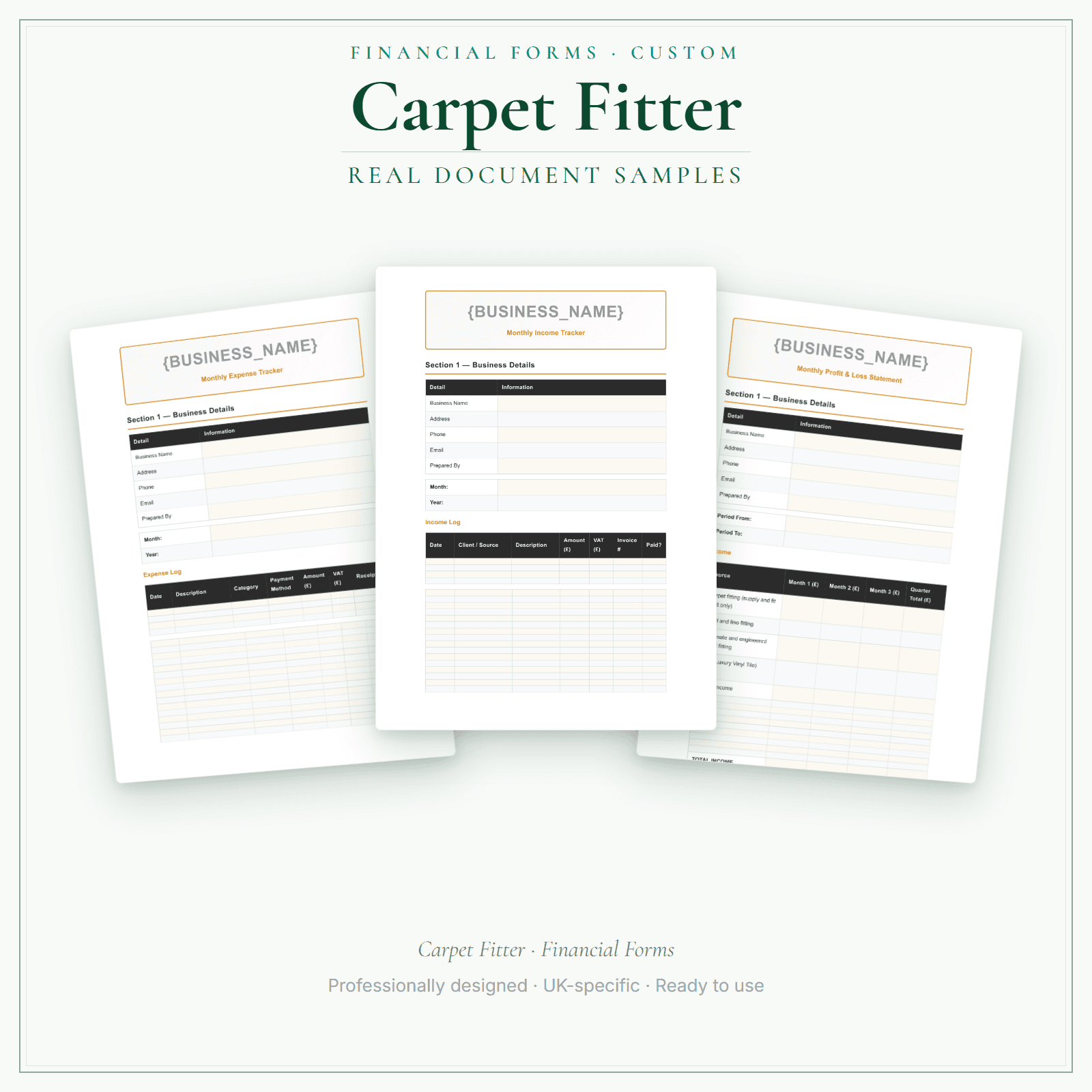 Carpet Fitter — Financial Forms Bundle — Customisable sample pages preview