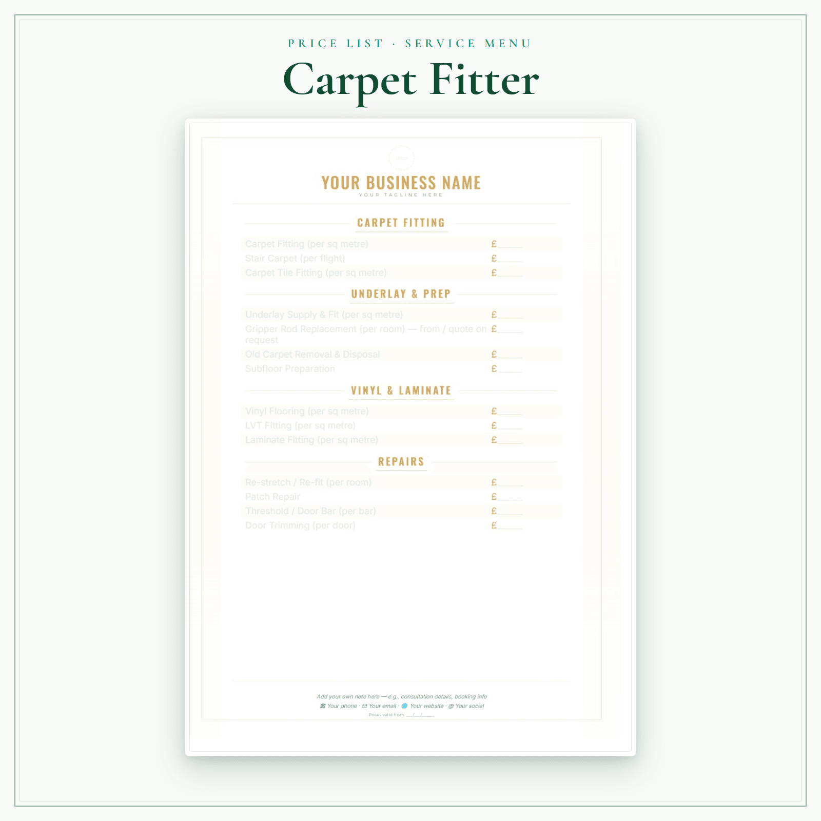 Carpet Fitter — Price List & Service Menu sample pages preview